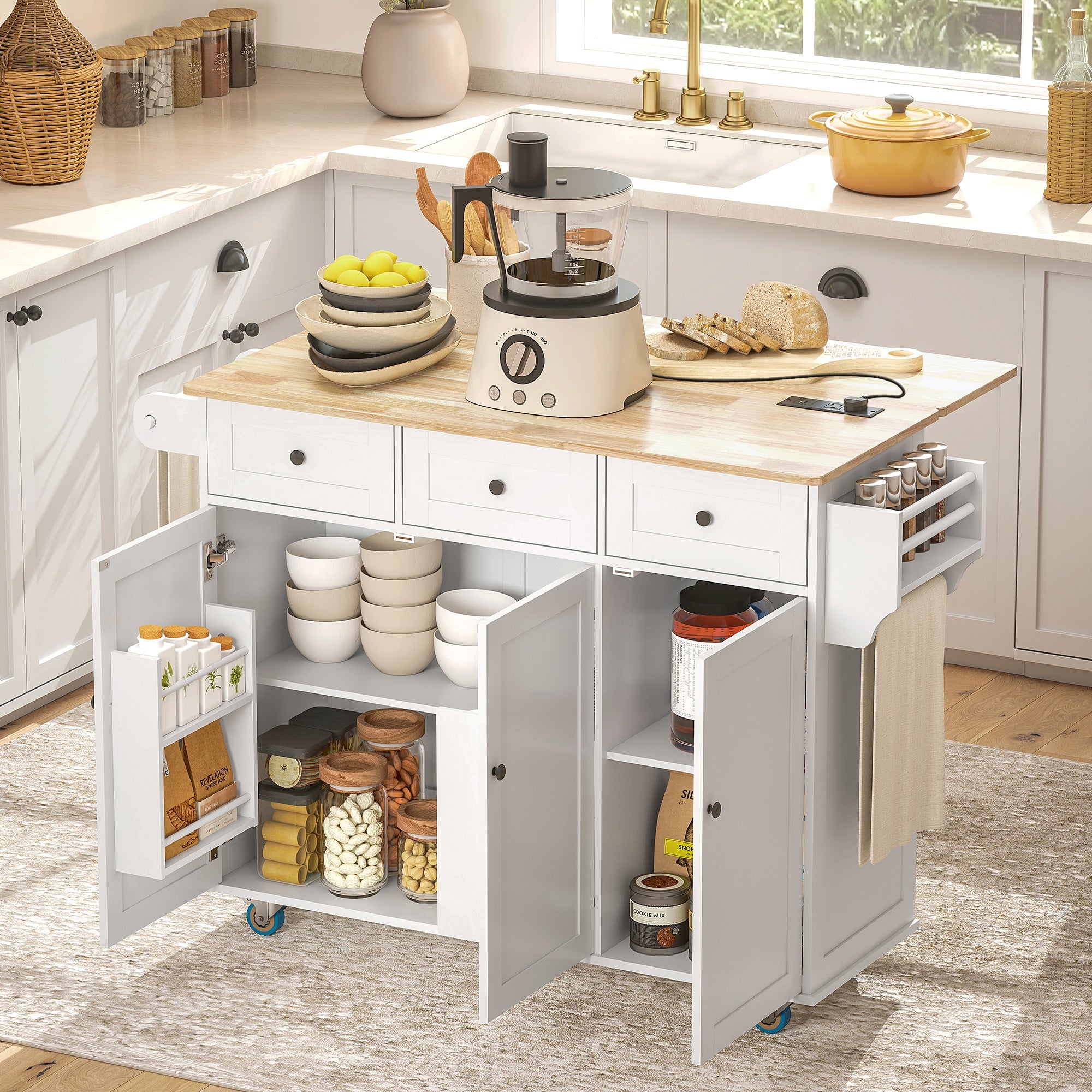 Kitchen Island on Wheels with Drop Leaf, Charging Station, Rolling Kitchen Cart with Wood Top, Adjustable Shelf, White