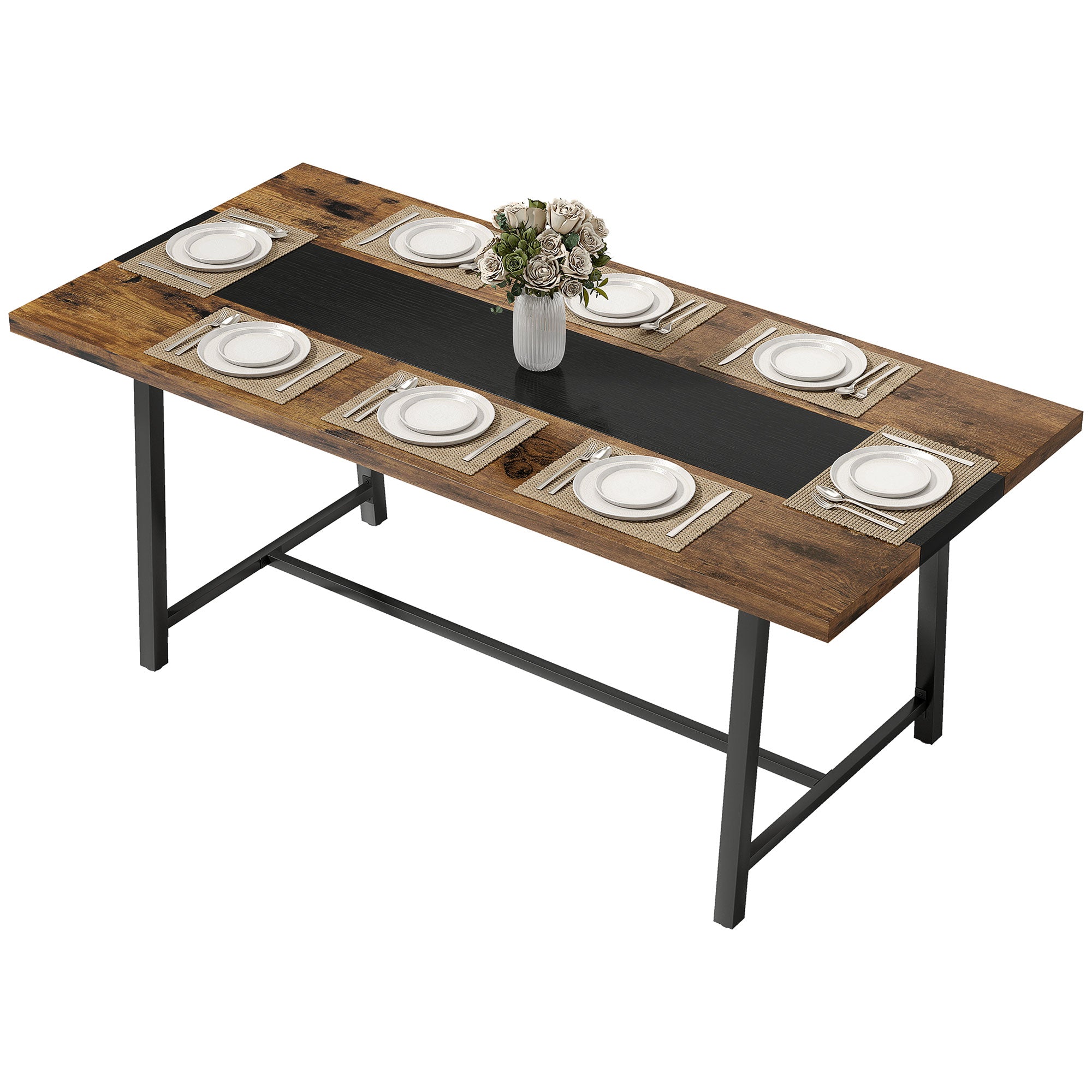 Industrial Kitchen Table for 8 People, 70.9" Long Dining Table with Large Tabletop and Steel Legs for Dining Room, Brown