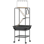 64"H Rolling Bird Playground Parrot Stand with Seed Guard & Wheels, Ladders, Swing, Toy Hook & Bowls