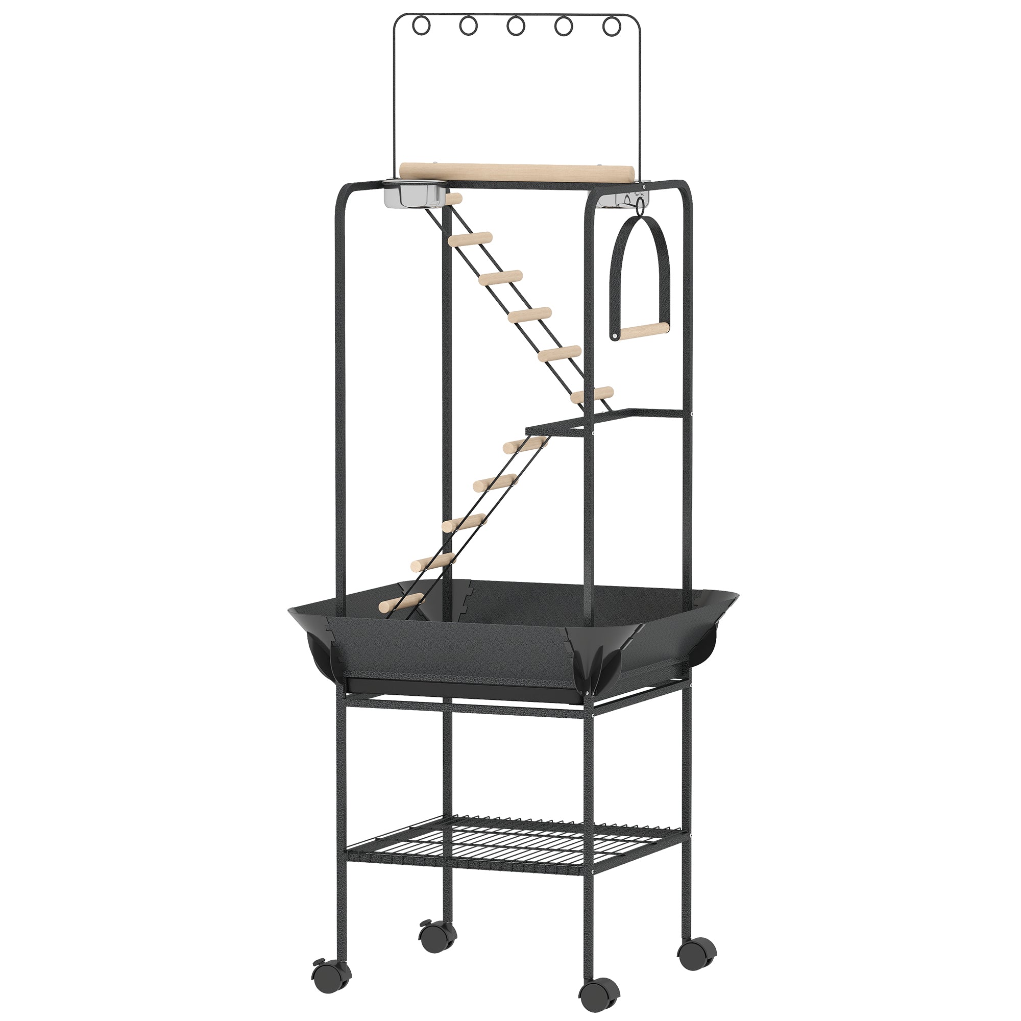 64"H Rolling Bird Playground Parrot Stand with Seed Guard & Wheels, Ladders, Swing, Toy Hook & Bowls