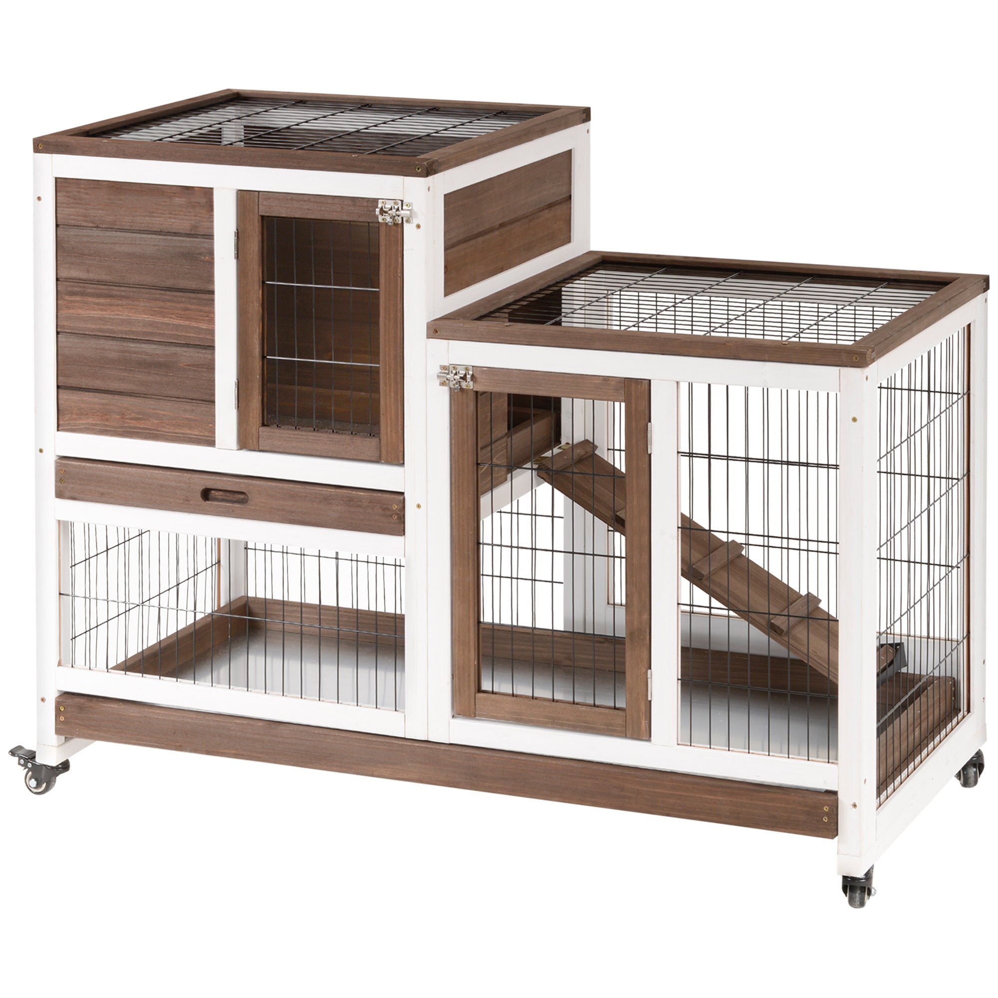 Wooden Rabbit Hutch Elevated Bunny Cage Indoor Small Animal Habitat with Enclosed Run with Wheels, Ramp, Removable Tray for Rabbits, Chickens, Ducks, Guinea Pigs, Brown