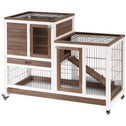 Wooden Rabbit Hutch Elevated Bunny Cage Indoor Small Animal Habitat with Enclosed Run with Wheels, Ramp, Removable Tray for Rabbits, Chickens, Ducks, Guinea Pigs, Brown
