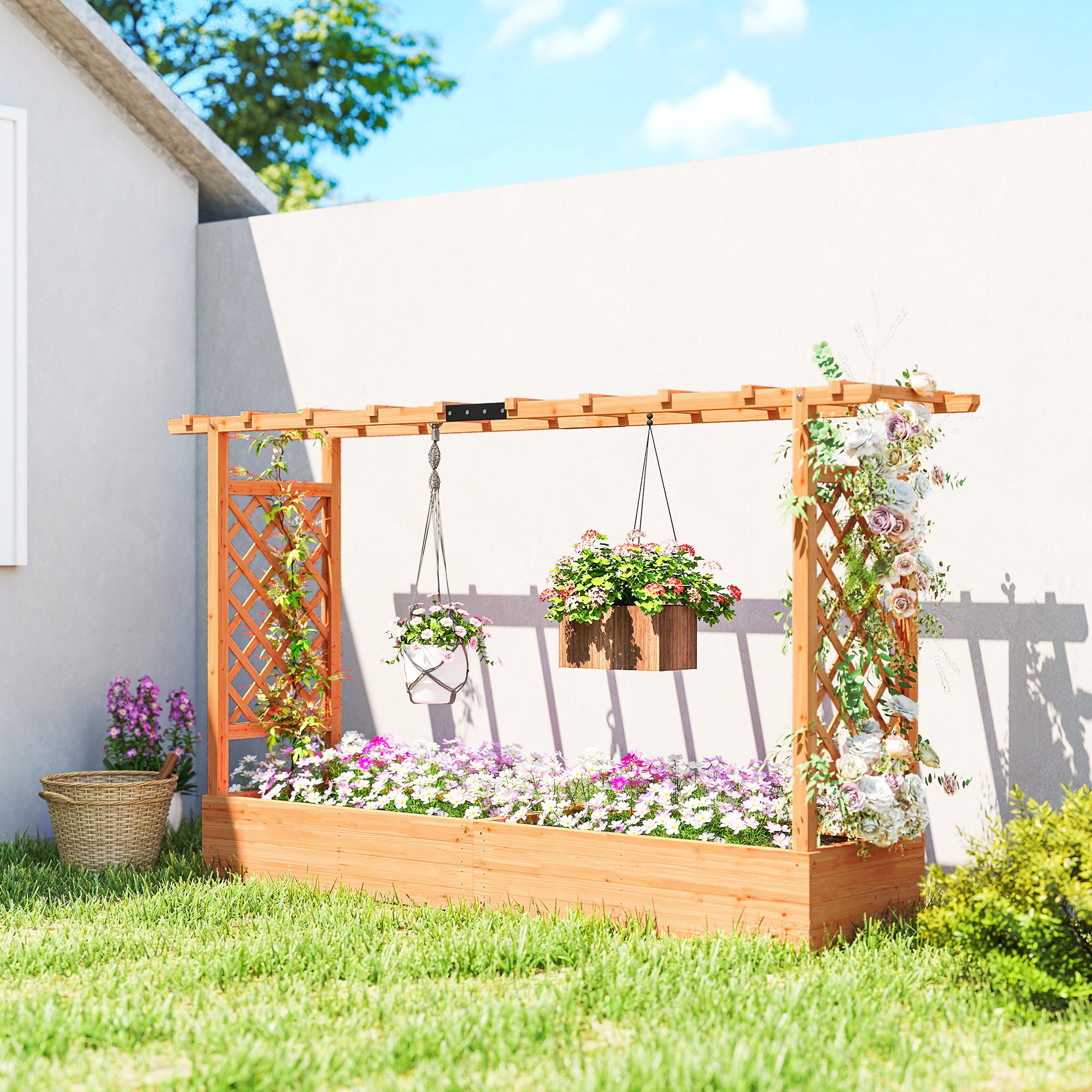 Wooden Planter Box with Trellis, Hanging Roof and Drainage Holes for Climbing Plants, Vegetables, Herbs and Flowers