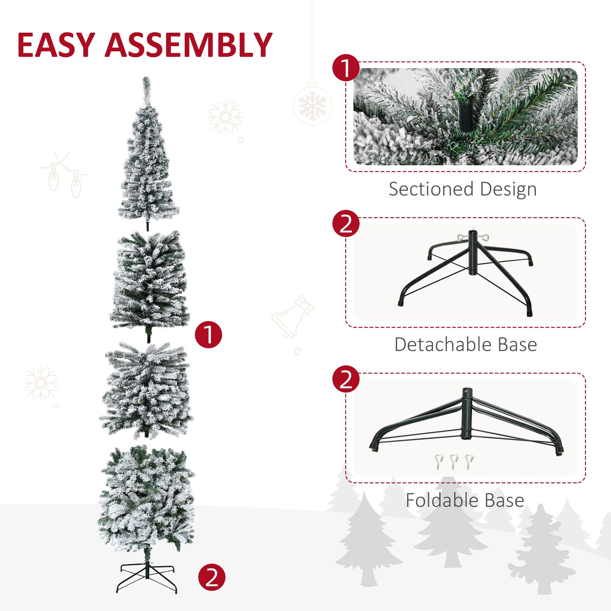 9ft Flocked Christmas Tree, Pencil Artificial Xmas Tree with Faux Snow, Dense Branches, Foldable Metal Base for Indoor Holiday Decor