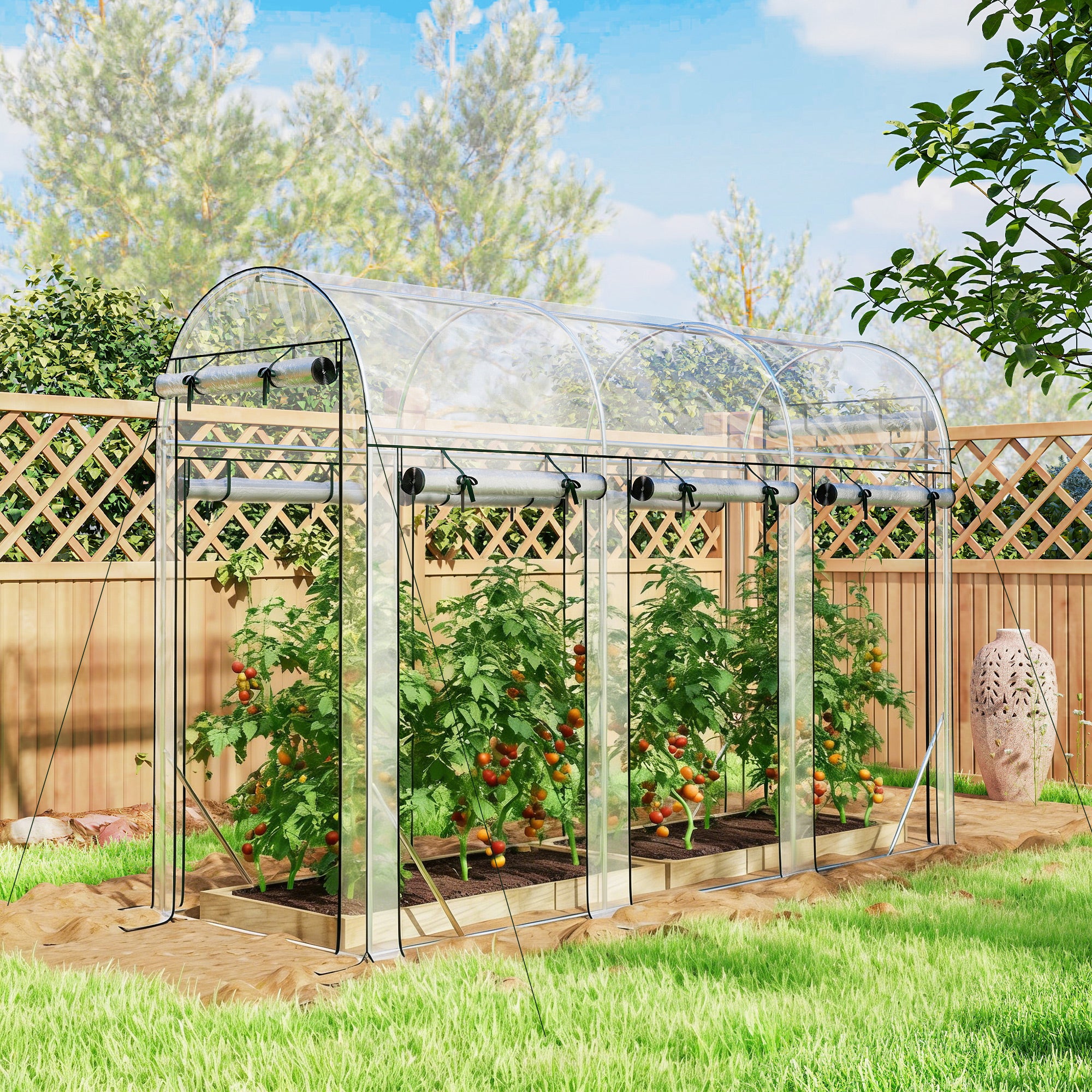 Walk-in Tunnel Greenhouse, Hoop House Greenhouse with 8 Roll-Up Doors, 10' x 3' x 6.5', Clear