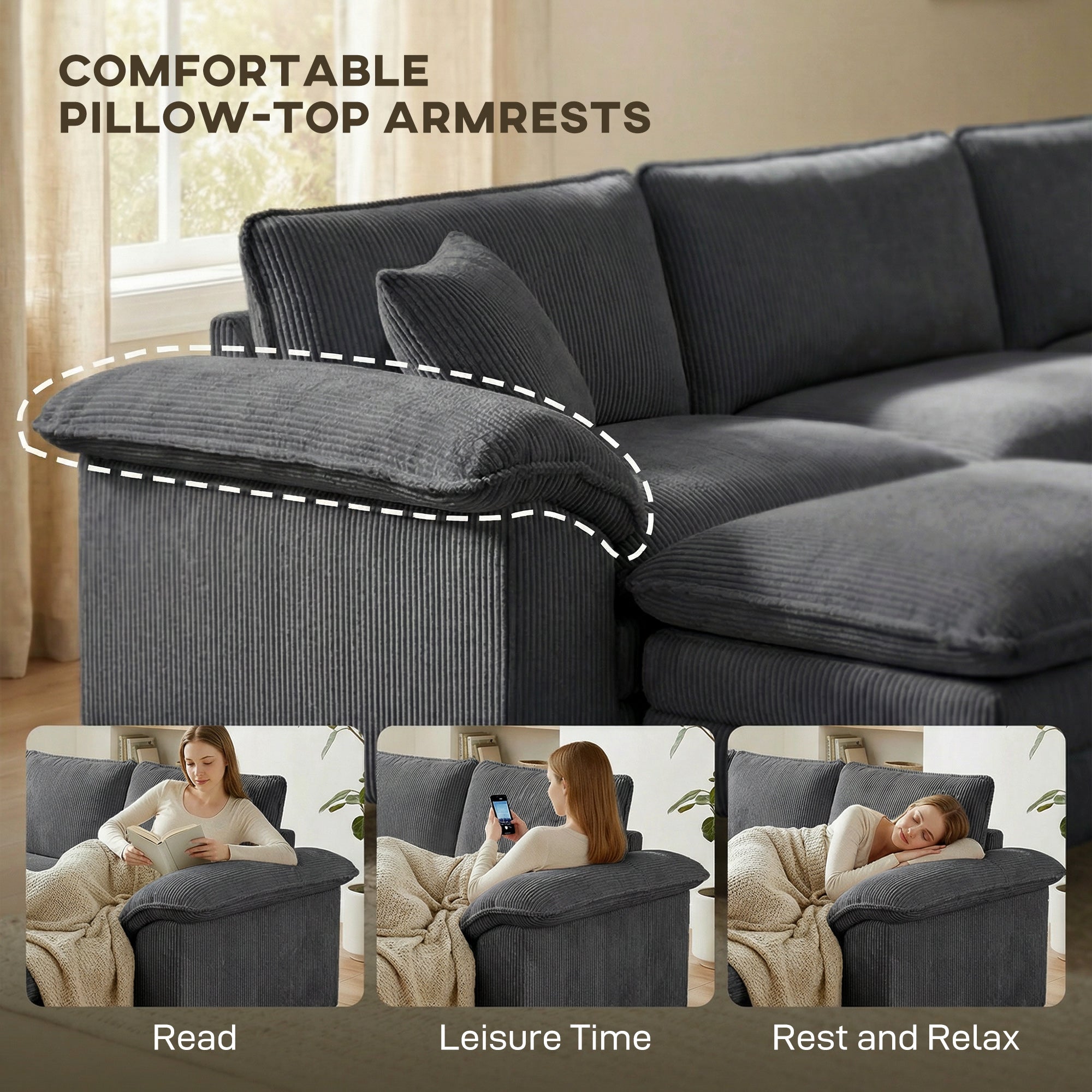 Sectional Sofa, L Shaped Couch with Deep Seat, Movable Ottoman and Pillow-top Armrests, Dark Gray