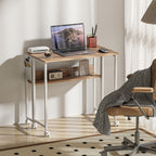 Folding Computer Desk, Foldable Desk with Storage Bag, Shelf and Wheels for Small Spaces, Home Office, Natural Wood