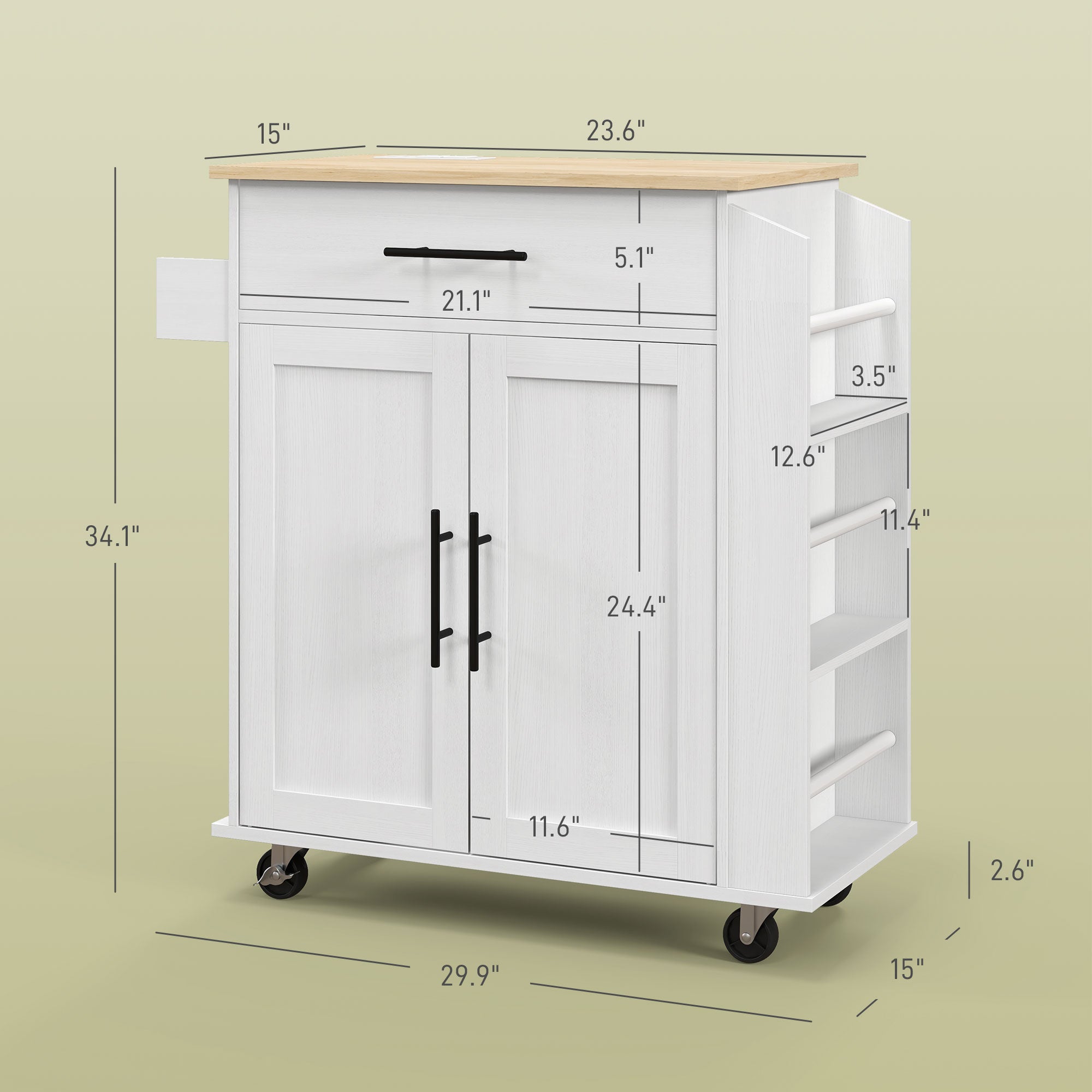 Rolling Island with Wheels for Kitchen, Kitchen Island on Rollers with Power Outlets, Drawer, and Doors, White