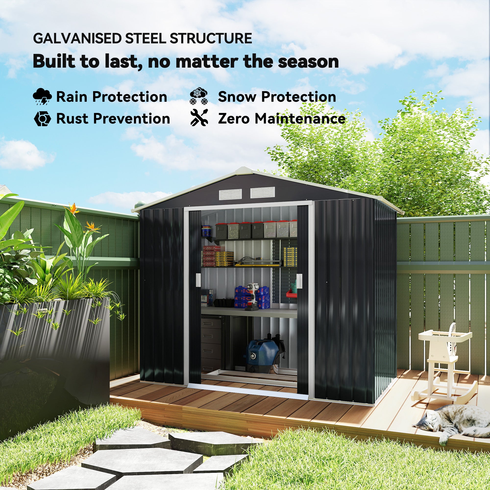 7'x4' Metal Outdoor Shed Organizer & Garden Storage with 4 Vents for Airflow & 2 Easy Sliding Doors - Dark Gray