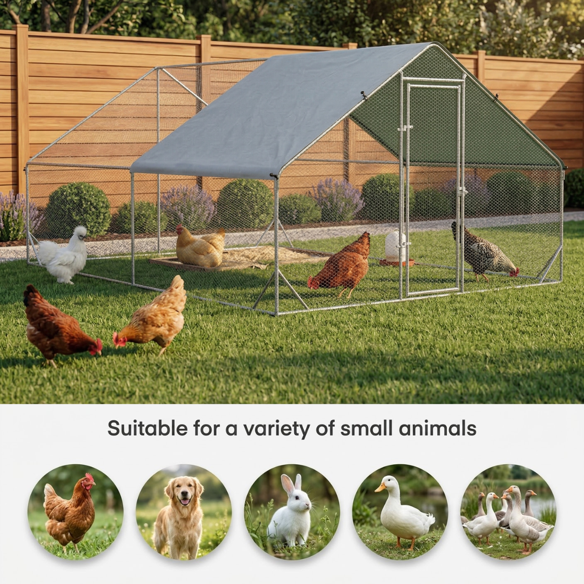 Large Chicken Coop Metal Chicken Run with Waterproof and Anti-UV Cover, Spire Shaped Walk in Fence Cage Hen House for Outdoor and Yard Farm Use, 1" Tube Diameter, 9.8' x 26.2' x 6.6'