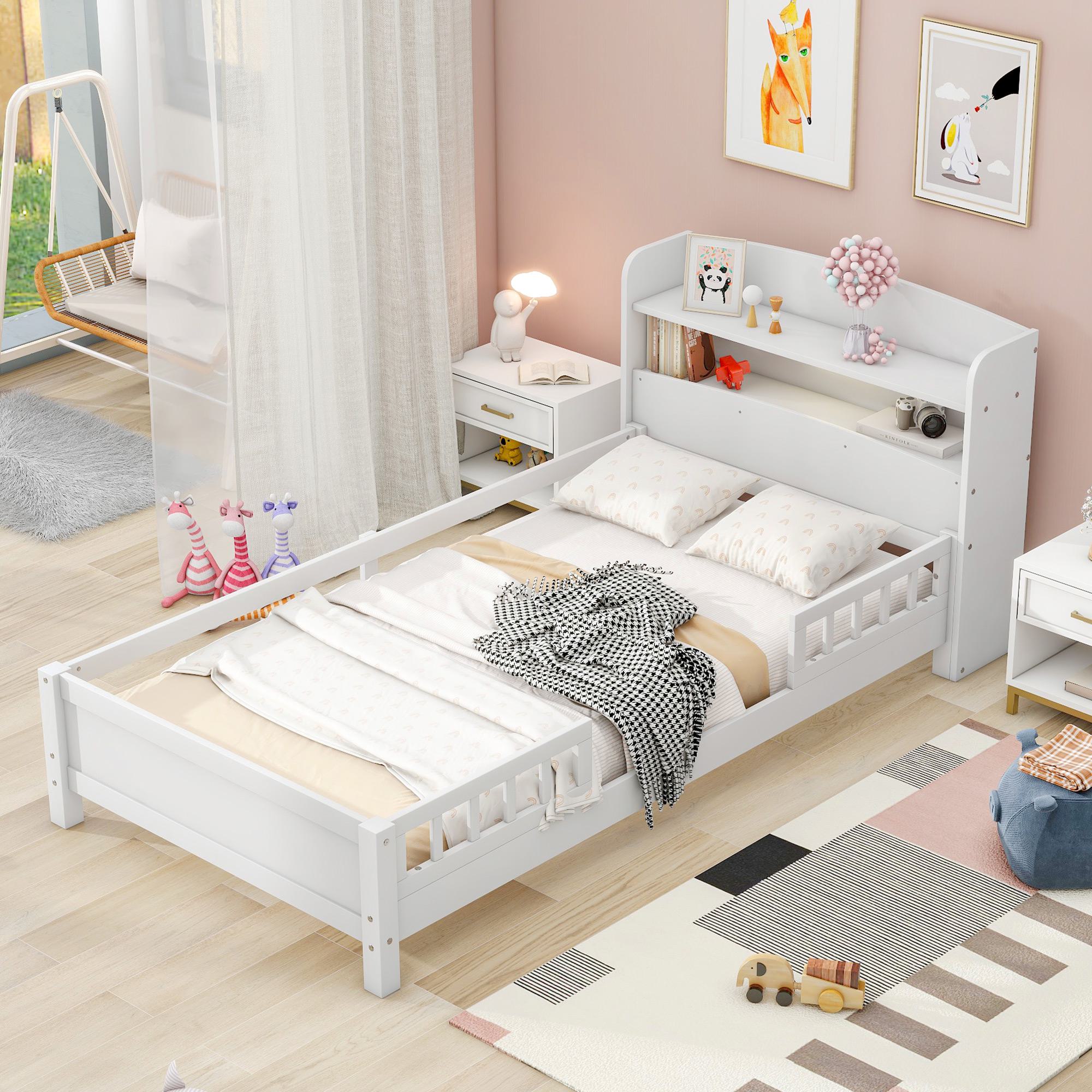 Wood Twin Size Platform Bed with Built-in LED Light, Storage Headboard, Guardrail, and Sturdy Construction, 87" L x 43" W x 31" H, White