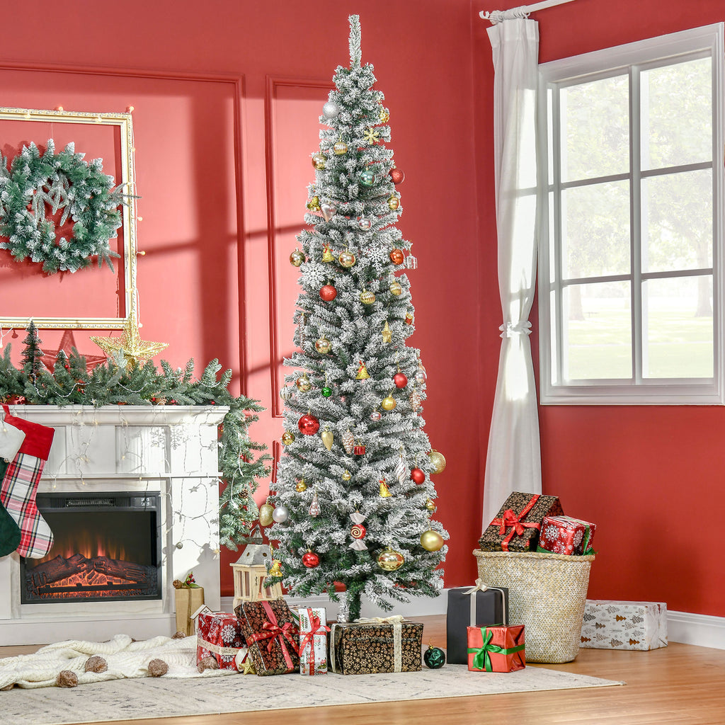 7.5ft Flocked Christmas Tree, Pencil Artificial Xmas Tree with Faux Snow, Dense Branches, Foldable Metal Base for Indoor Holiday Decor