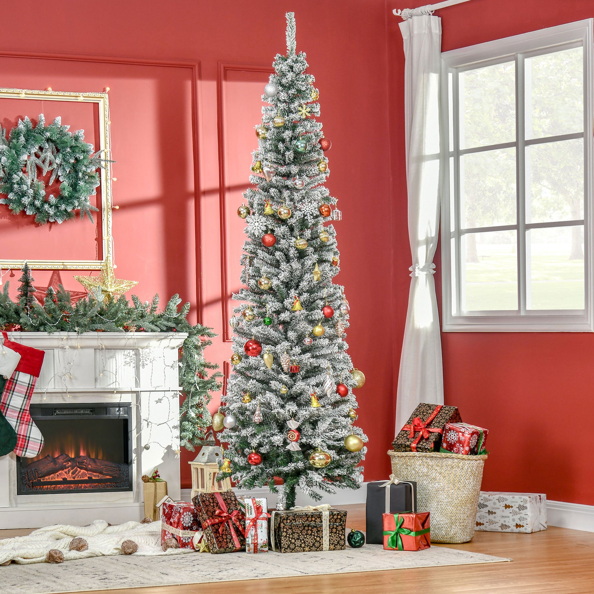 7.5ft Flocked Christmas Tree, Pencil Artificial Xmas Tree with Faux Snow, Dense Branches, Foldable Metal Base for Indoor Holiday Decor