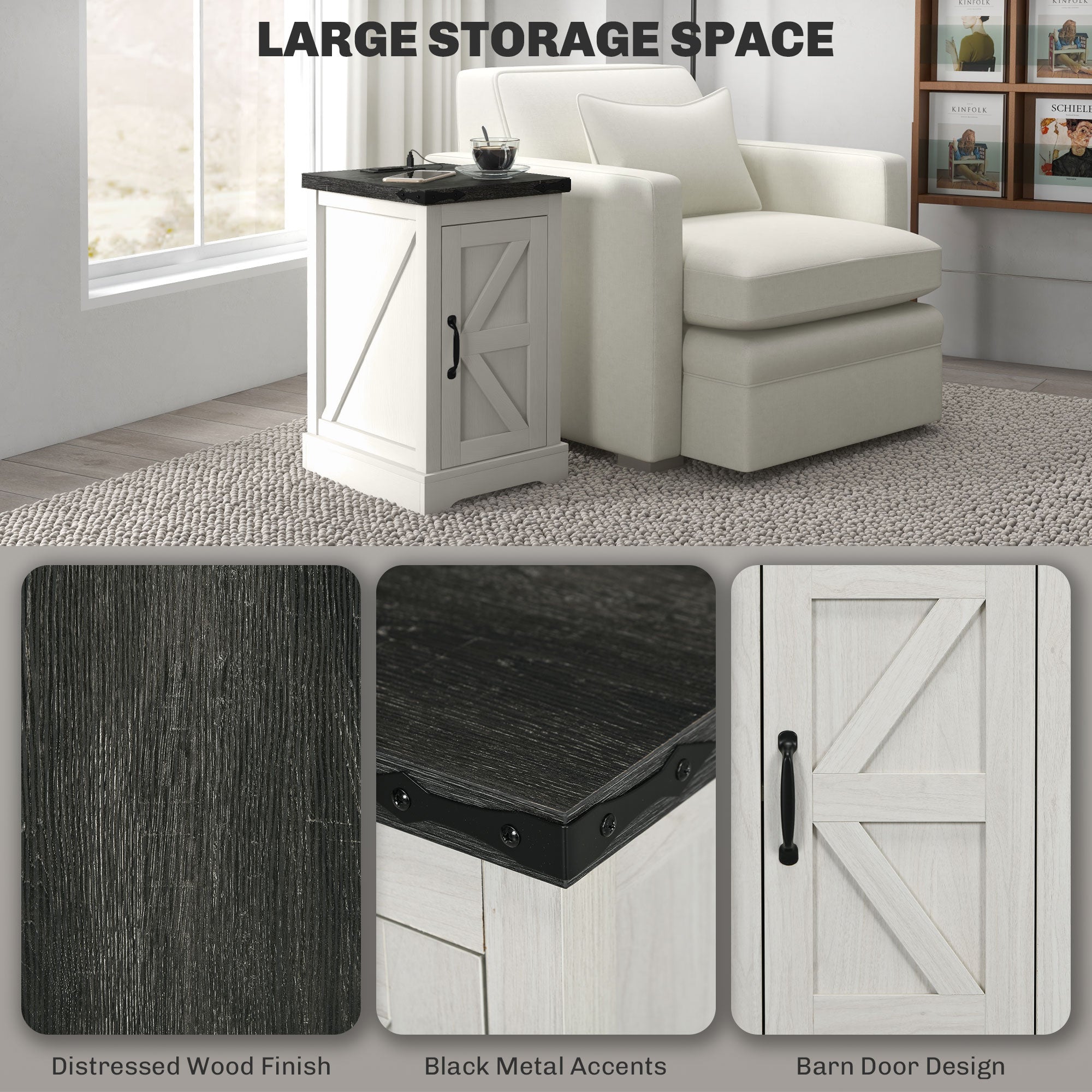 Farmhouse End Table with Storage, Side Table with Charging Station and USB Ports for Living Room, Distressed White