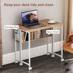 Folding Computer Desk, Foldable Desk with Storage Bag, Shelf and Wheels for Small Spaces, Home Office, Natural Wood