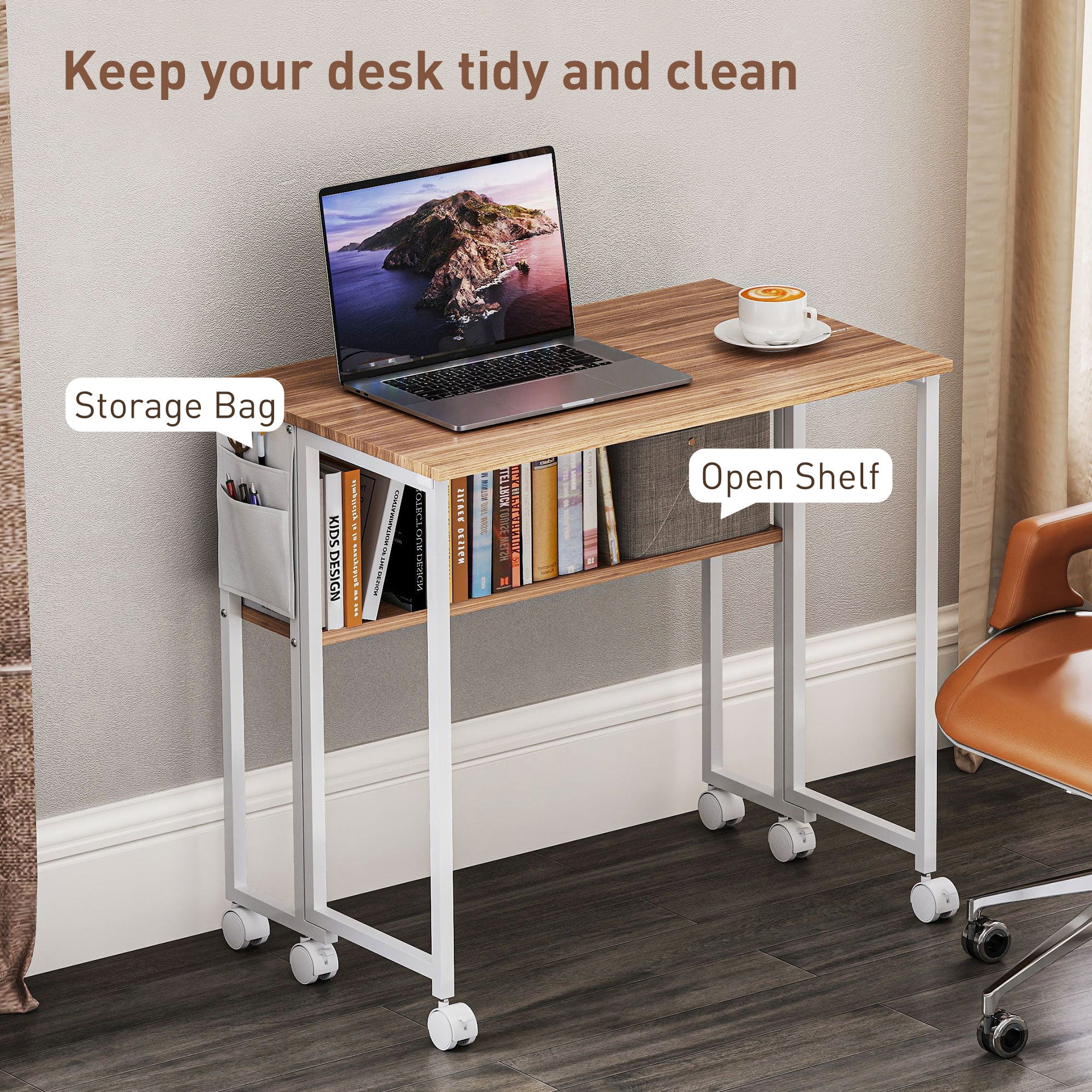 Folding Computer Desk, Foldable Desk with Storage Bag, Shelf and Wheels for Small Spaces, Home Office, Natural Wood