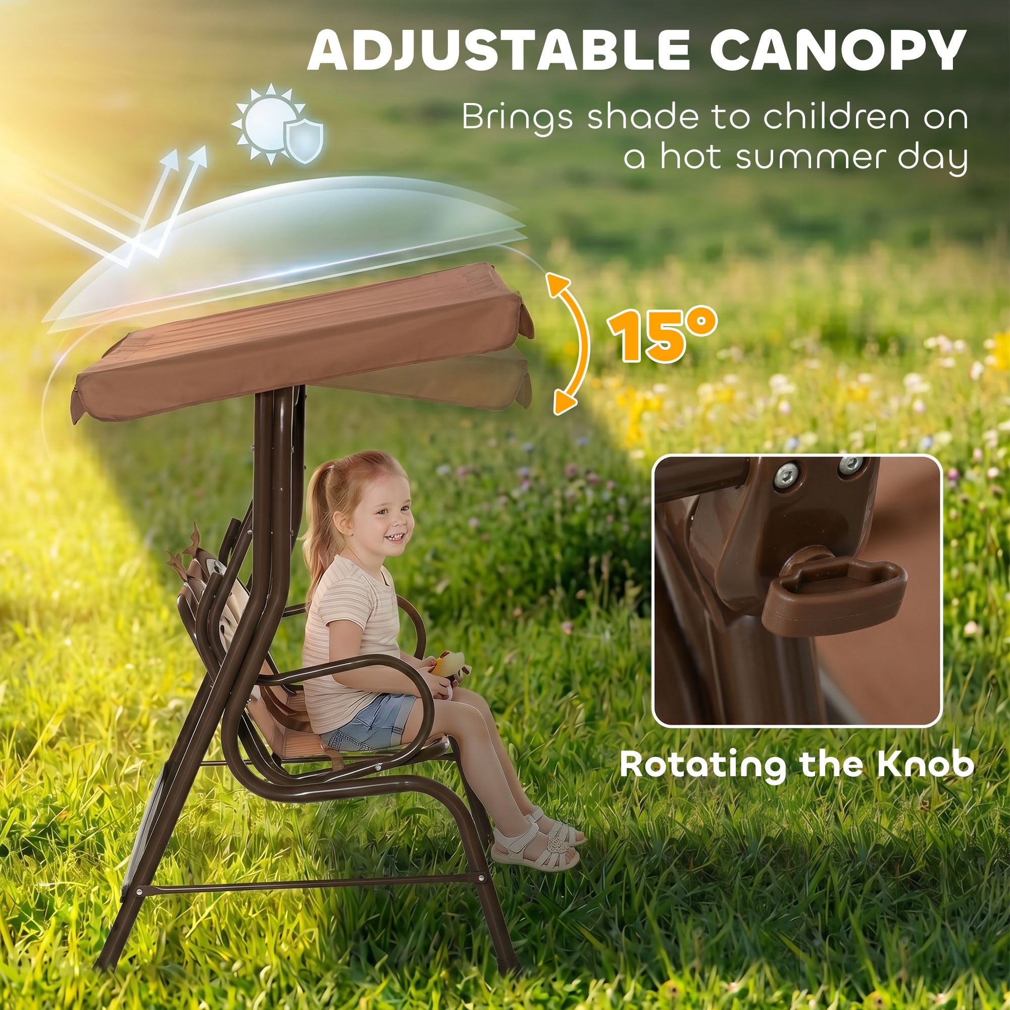 Kids Patio Swing, 2-Seater Outdoor Swing Chair with Adjustable Canopy and Safety Belt, Monkey Pattern Hanging Swing Bench for Garden or Backyard, Coffee