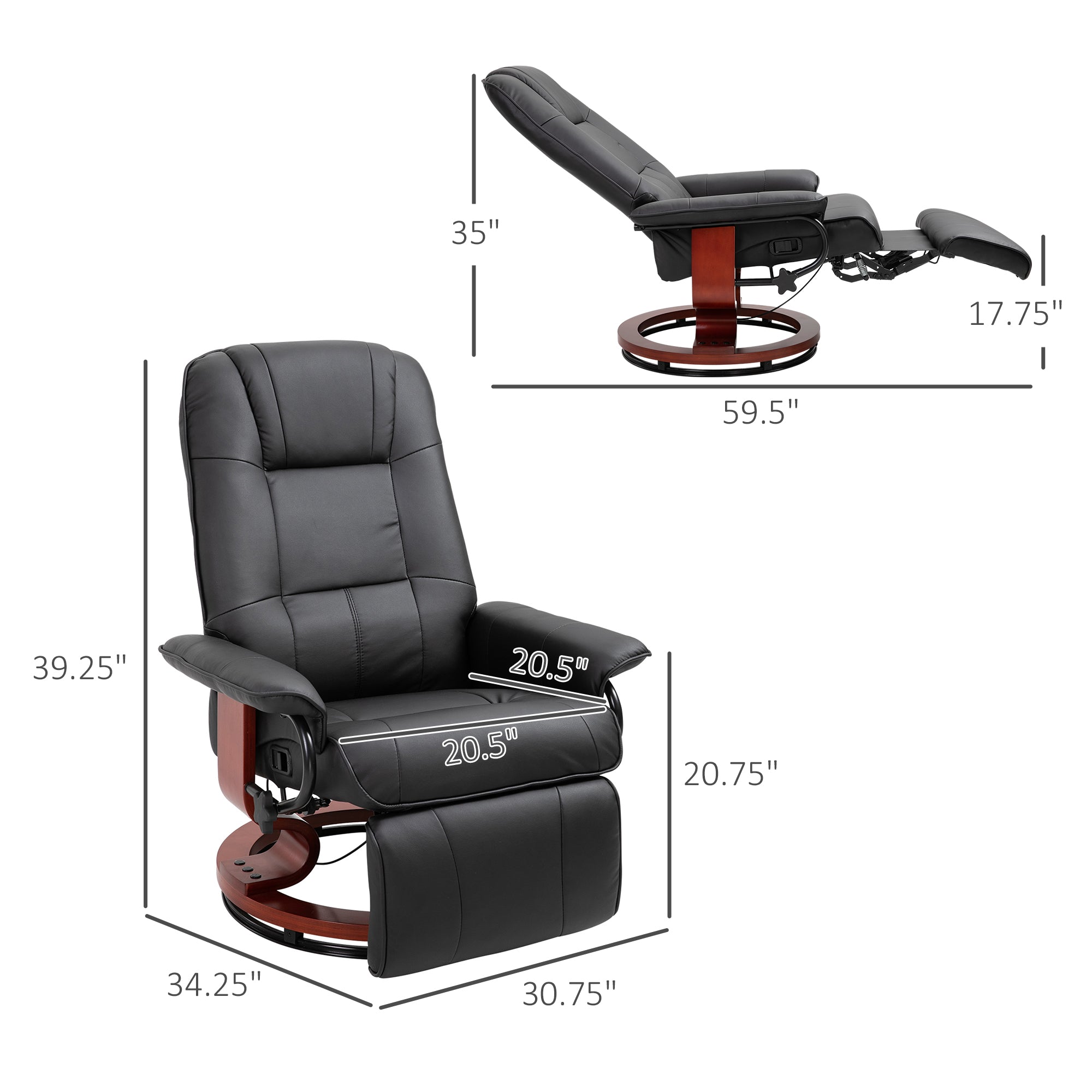 Faux Leather lounge chair with footrest and armrest, Manual Swivel Recliner for living room, Black