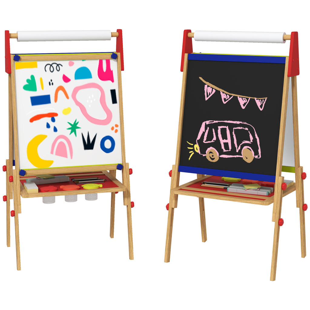 3 in 1 Easel for Kids with Paper Roll, Whiteboard, Chalkboard, Double Sided & Adjustable Height, Nature Wood