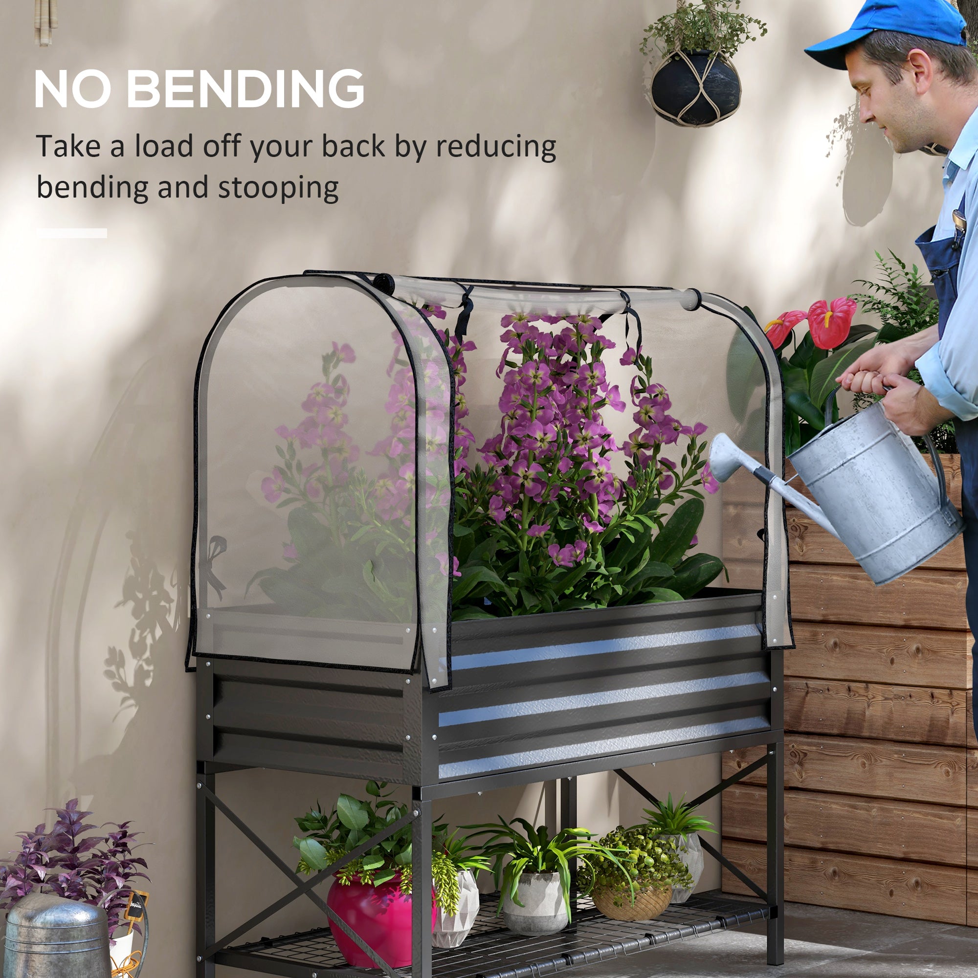 Raised Garden Bed with Legs and Cover, Metal Elevated Planter Box with Bottom Shelf and Liner for Vegetables, Black