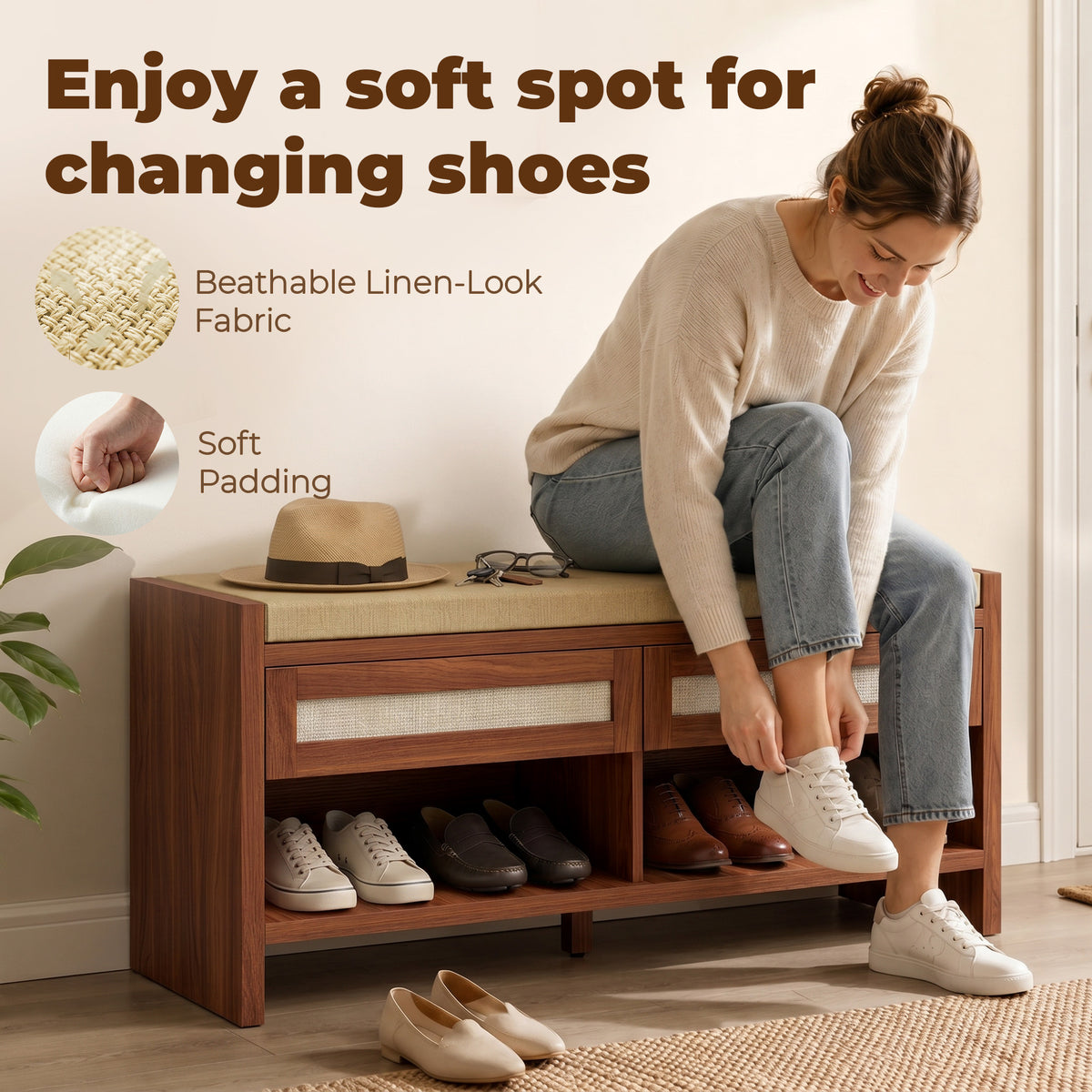 Shoe Bench with Cushioned Seat Shoe Storage Bench with 2 Rattan Drawers and Open Shelf Brown