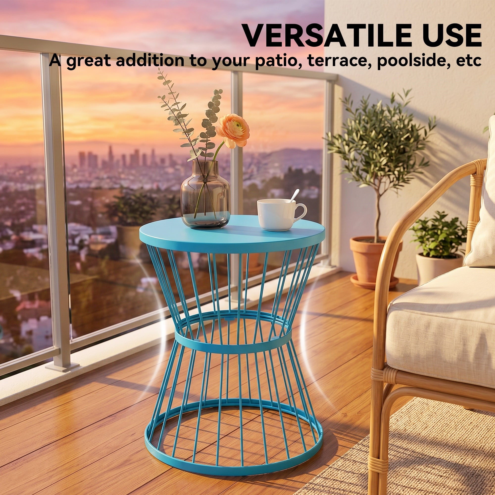 16" Patio Side Table, Garden End Table with Hourglass Design, Steel Accent Table for Outdoor and Indoor Use, Blue