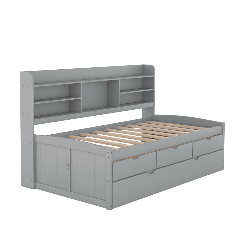 Classic Style Twin Size Wooden Captain Bed with Built-in Bookshelves, 3 Storage Drawers, and Trundle, 77.5" L x 88" W x 47" H, Grey