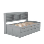 Classic Style Twin Size Wooden Captain Bed with Built-in Bookshelves, 3 Storage Drawers, and Trundle, 77.5" L x 88" W x 47" H, Grey