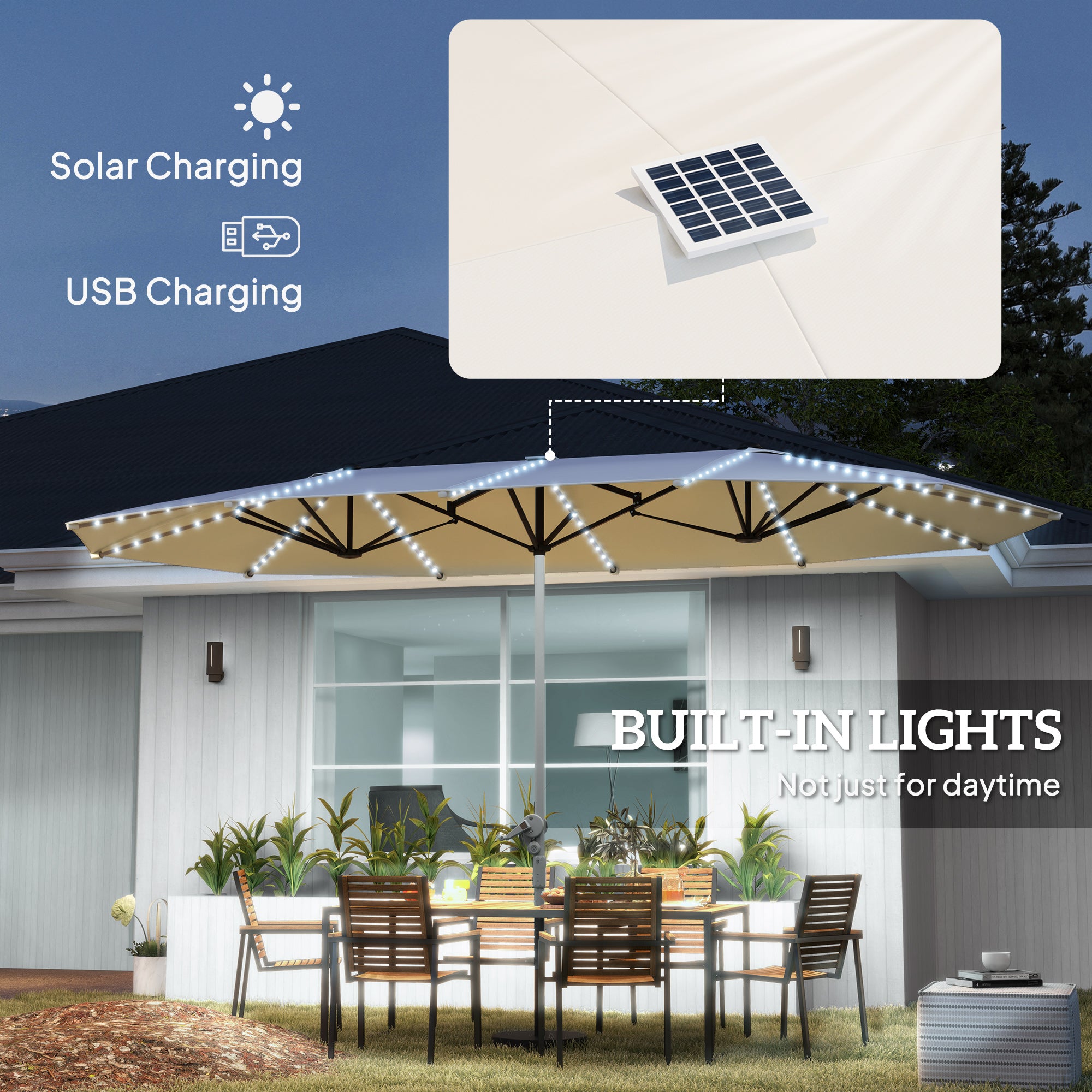 15ft Double-Sided Outdoor Umbrella with Solar Lights, UPF50+ Extra Large Aluminum Patio Umbrella with Crank, Cream White