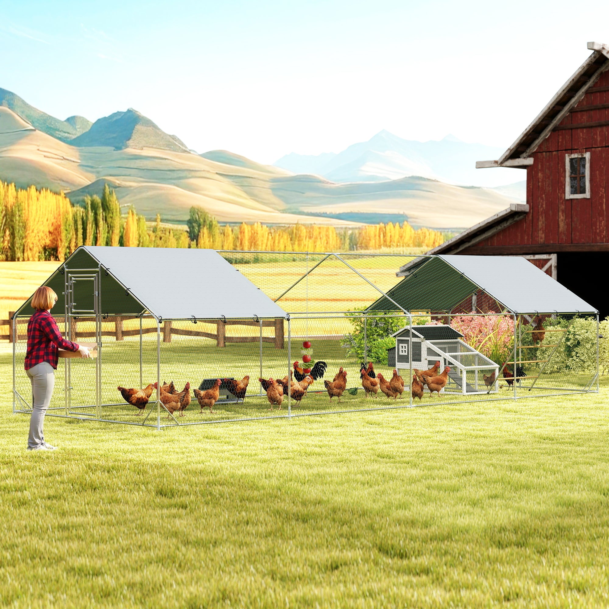 Metal Chicken Coop, 26' x 10' x 6.4' Large Chicken Run with Feeding Door, Waterproof Cover, Hanging Feeder, Perch
