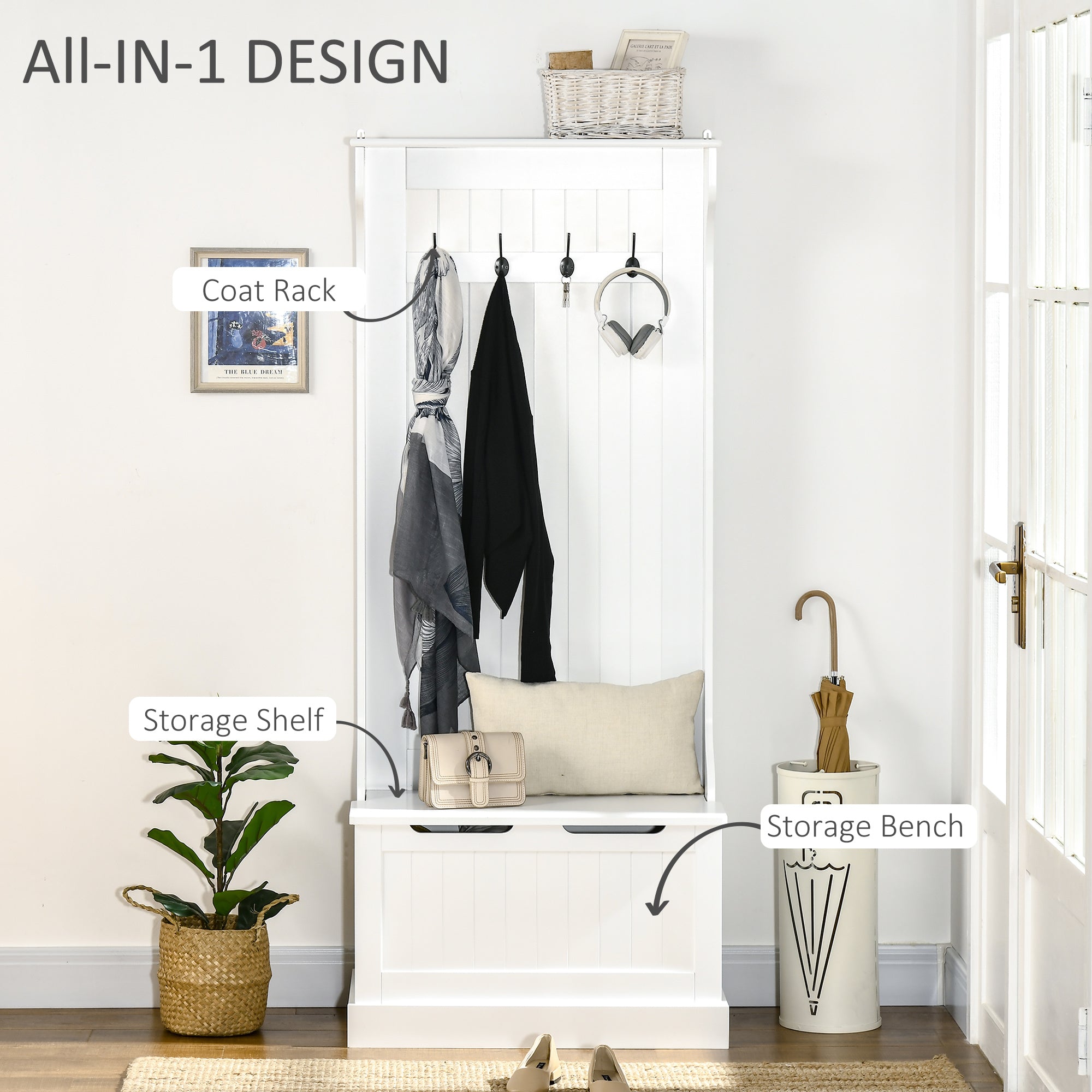 Hall Tree with Coat Rack, Storage, and Sitting Bench, White