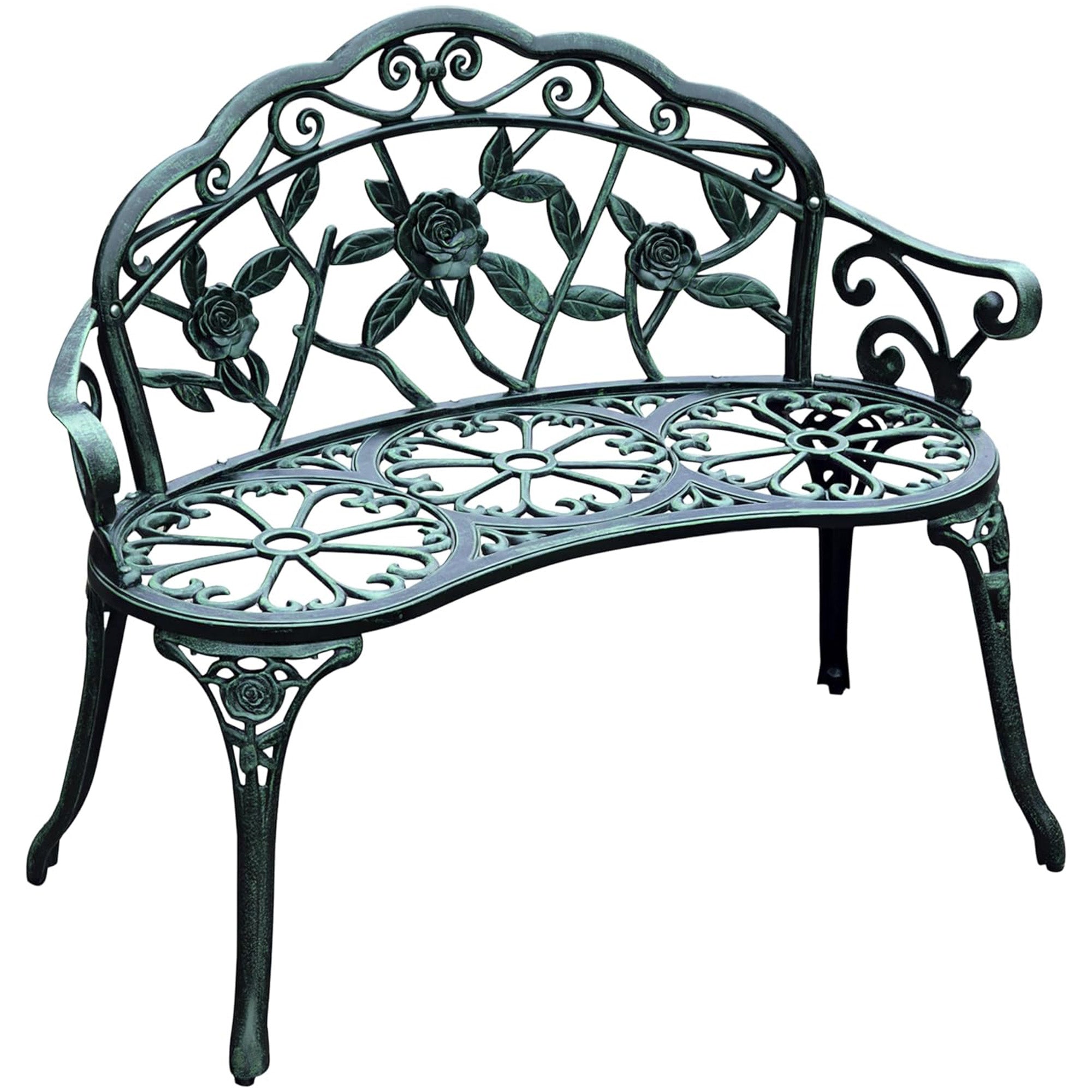 Outdoor Bench, Cast Aluminum Outdoor Furniture, Metal Bench with Floral Rose Accent & Antique Finish, Green