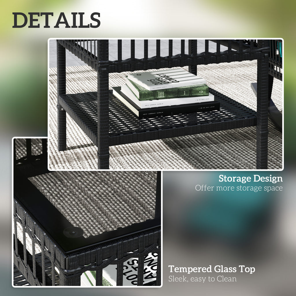 3 Piece Outdoor PE Rattan Rocker Chair Set, Rocking Chair with Tempered Glass Table Top, Turquoise Green