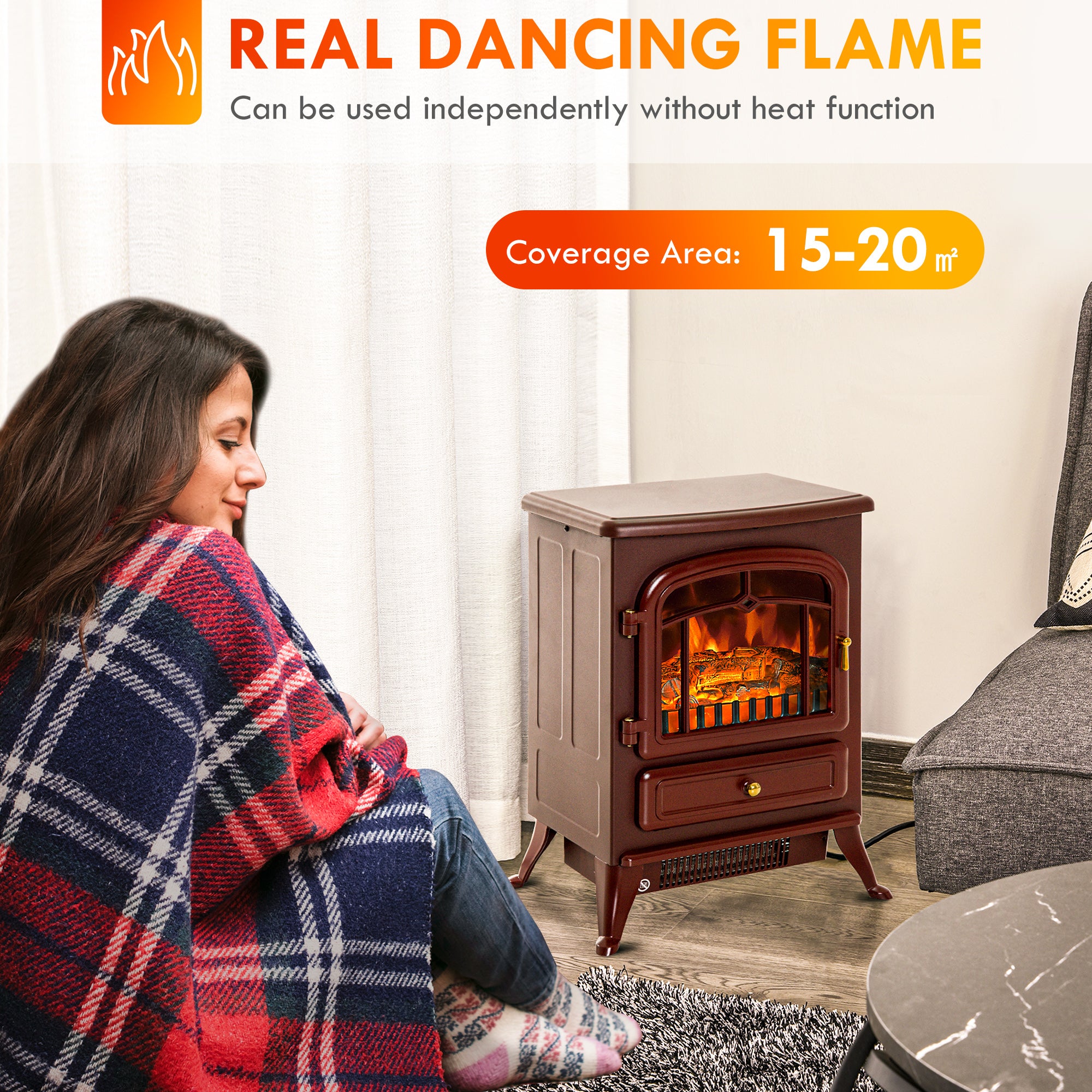 22" Electric Fireplace Heater, Freestanding Fire Place Stove with Realistic LED Flames and Logs, and Overheating Protection, 725W/1450W, Red