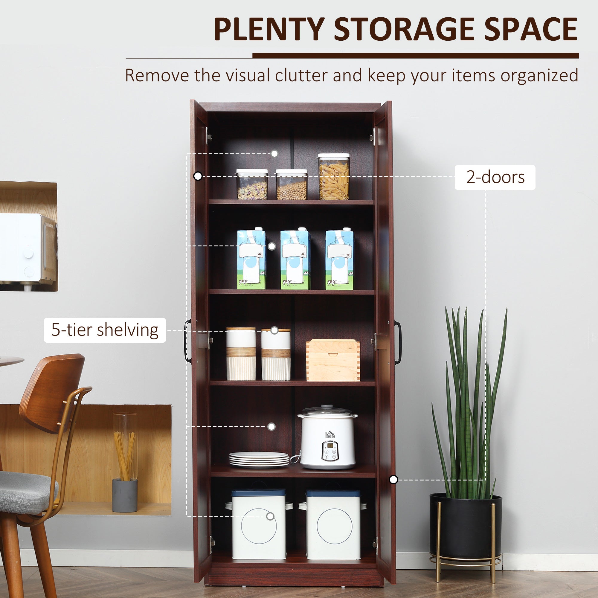 63" 2-Door Kitchen Pantry, Freestanding Storage Cabinet with 5-tier Shelving and 2 Adjustable Shelves for Dining Room, Espresso