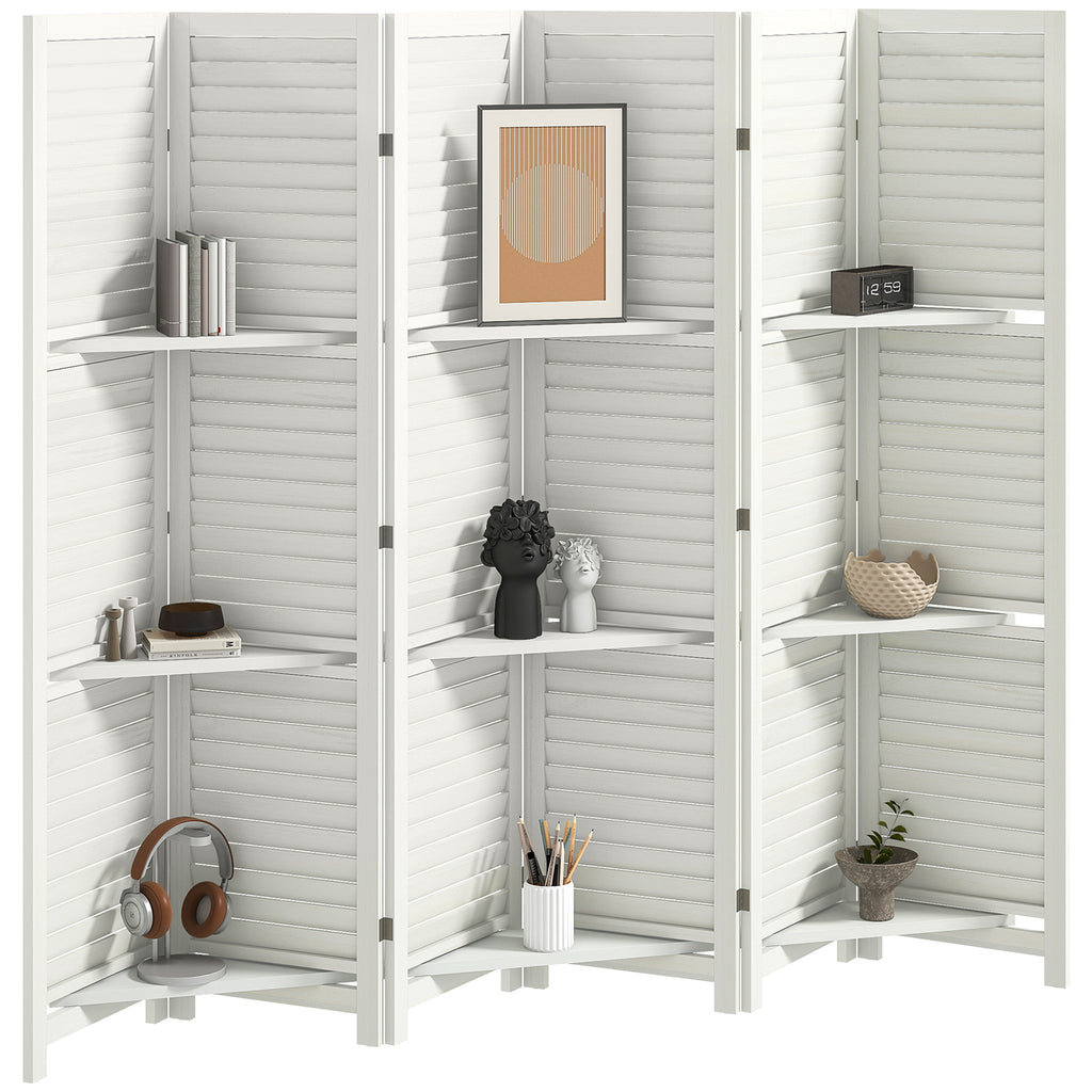 6 Panel 67" Tall Wood Privacy Screen Room Divider with 3 Shelves and Folding Storage for Bedroom, White
