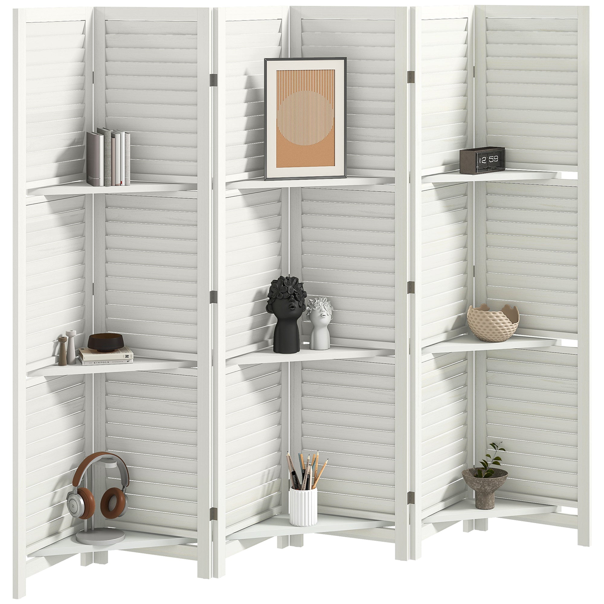 6 Panel 67" Tall Wood Privacy Screen Room Divider with 3 Shelves and Folding Storage for Bedroom, White