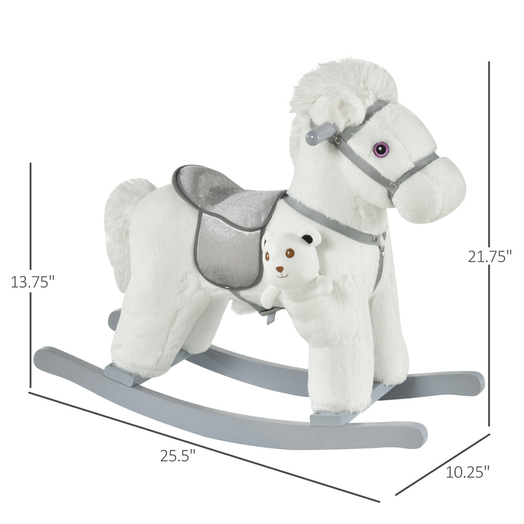 Kids Rocking Horse with Bear Toy, Plush Animal Rocker with Fun Realistic Sounds for Toddler 18-36 Months, White