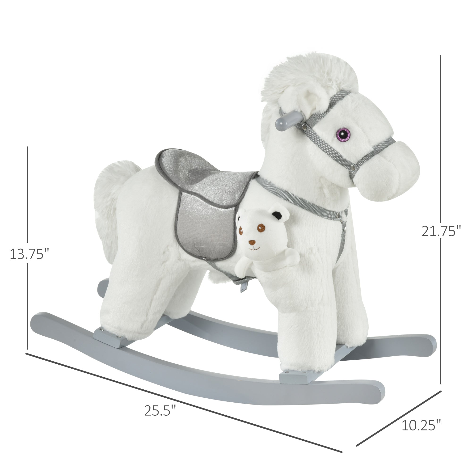 Kids Rocking Horse with Bear Toy, Plush Animal Rocker with Fun Realistic Sounds for Toddler 18-36 Months, White