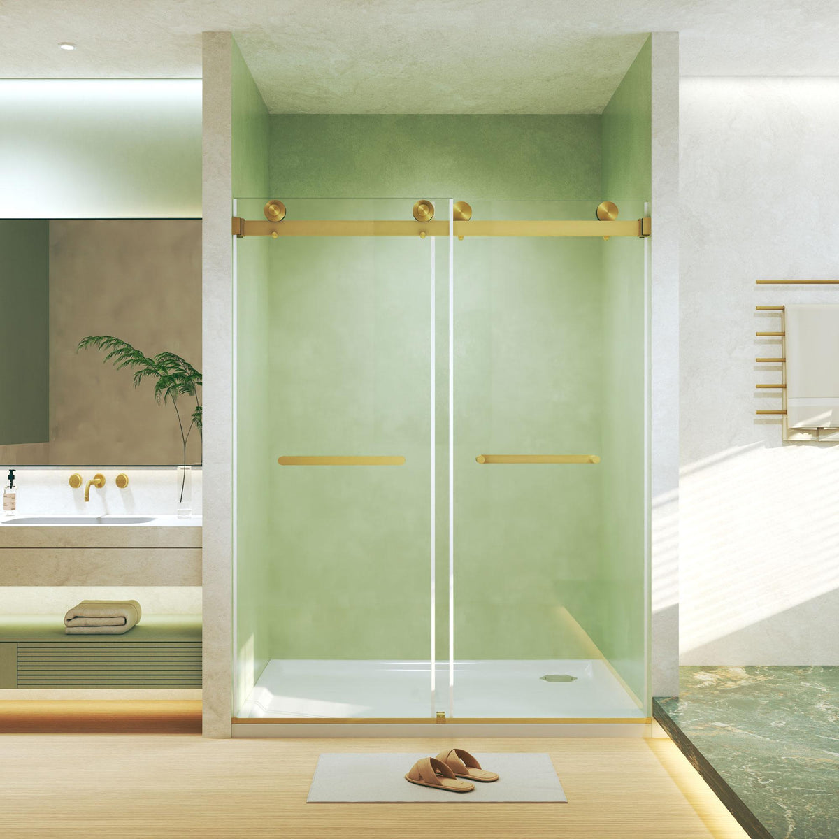 Frameless Double Sliding Shower Door with Silent Rollers, Bathroom Door with Square Tube Track, 60" L x 0.5" W x 74" H, Brushed Gold