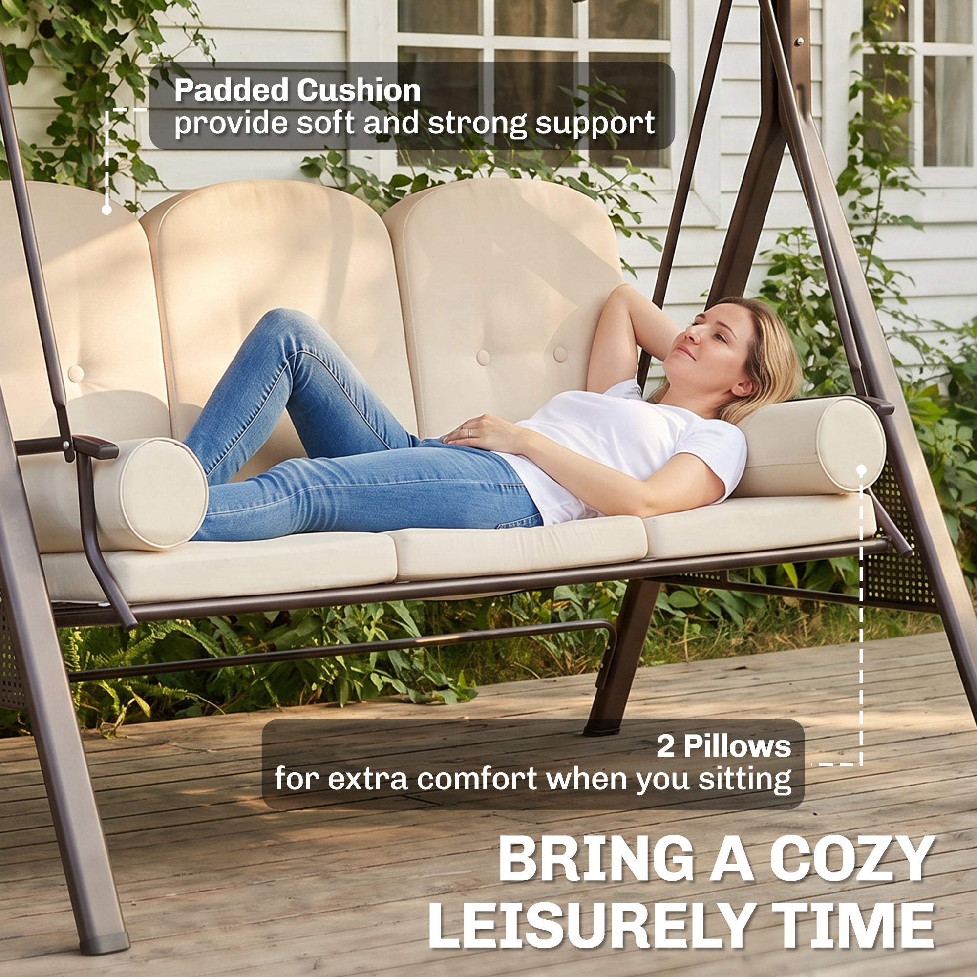 3-Seat Patio Swing Chair, Outdoor Porch Swing Glider with Adjustable Canopy, Removable Cushion, Pillows and Side Trays, for Garden, Poolside, Backyard, Beige
