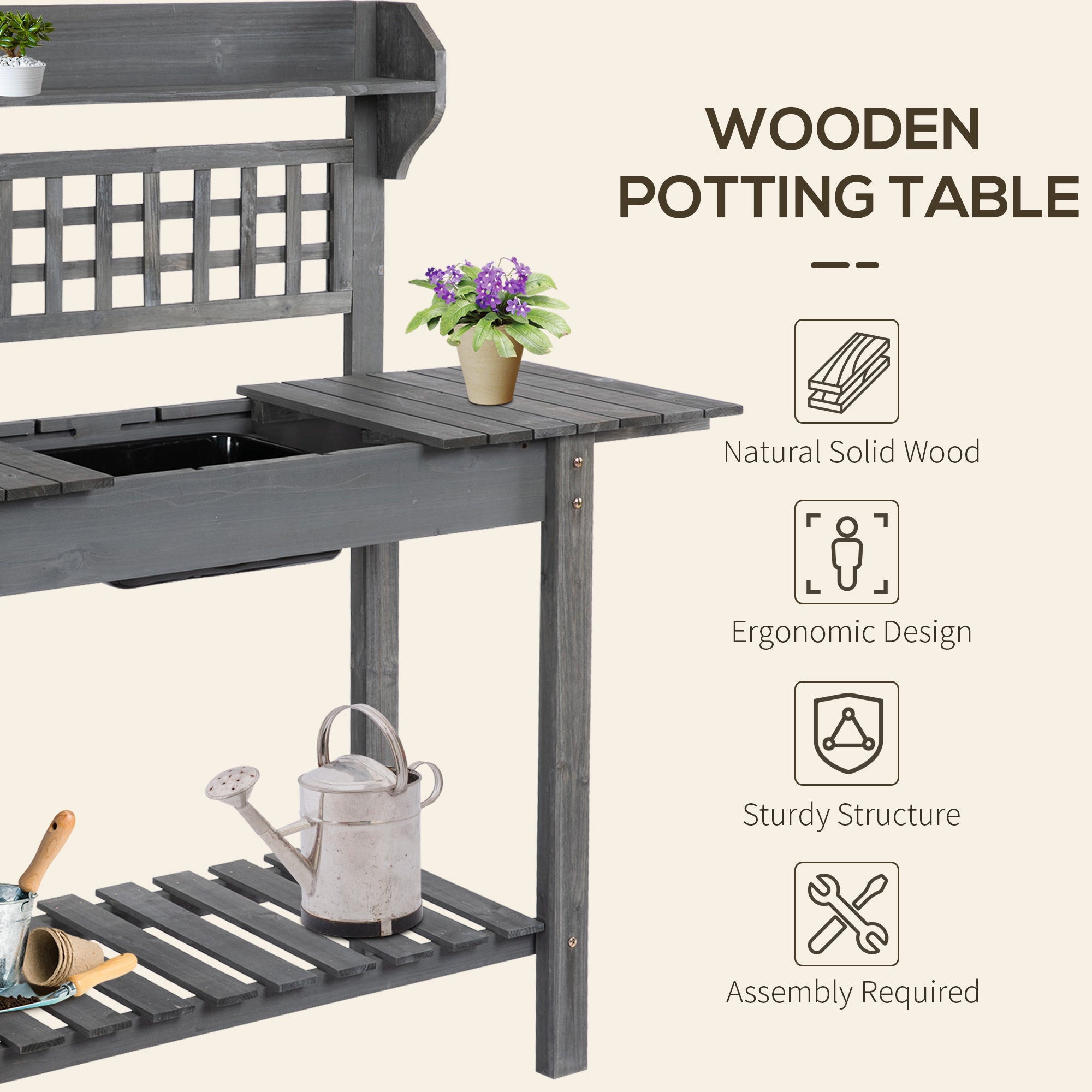 39'' Wooden Garden Potting Bench Work Table with Hidden Storage, Sliding Tabletop, Below Clapboard, Upper Shelf, Gray