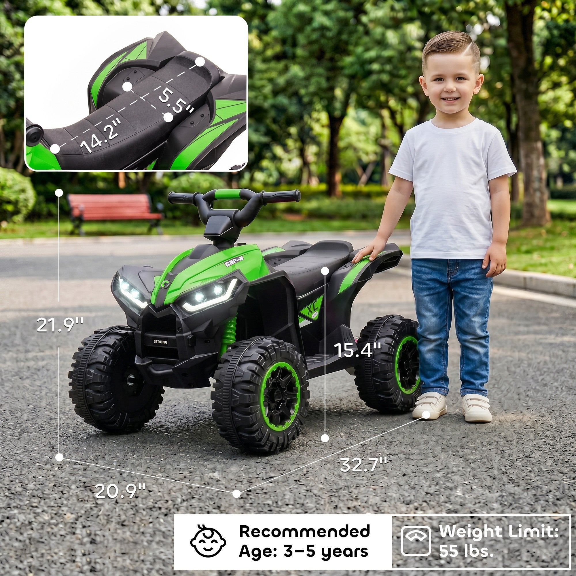 Kids ATV 4 Wheeler, 12V Kids Ride On Toy with Dual Motors, High & Low Speed, Music, Headlights, Up to 3.7 MPH, Green