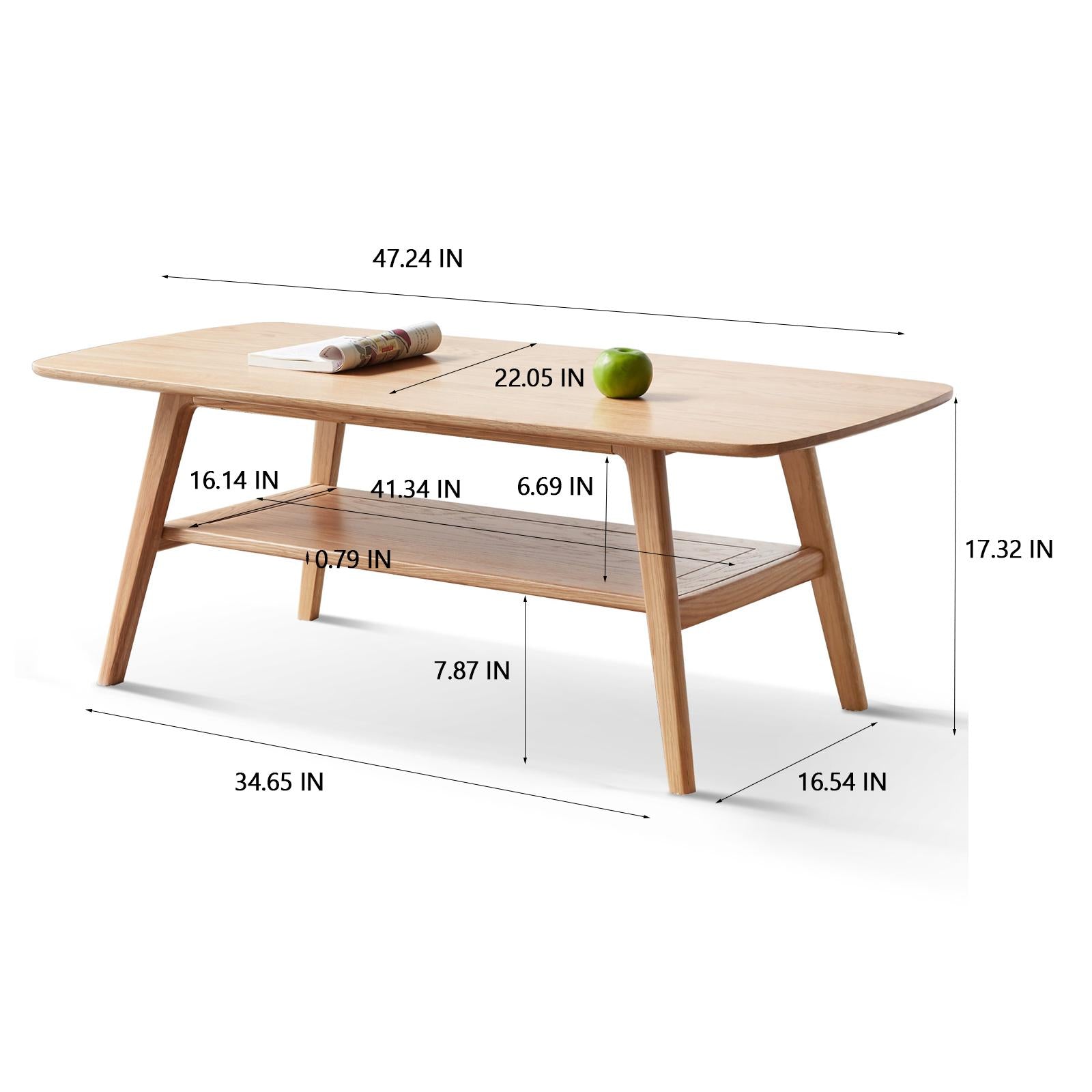 Heavy-Duty Coffee Table with 2-Tier Storage Shelf & Rounded Corners, Safe Center Table for Living Room, 47″ L x 22″ W x 17.5″ H, Oak