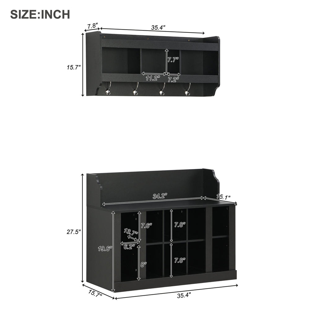 Shoe Cabinet Storage with Shelves and 4 Hooks, Elegant Hall Tree with Wall Mounted Coat Rack, Entryway Organizer for Hallway, Mudroom, Black