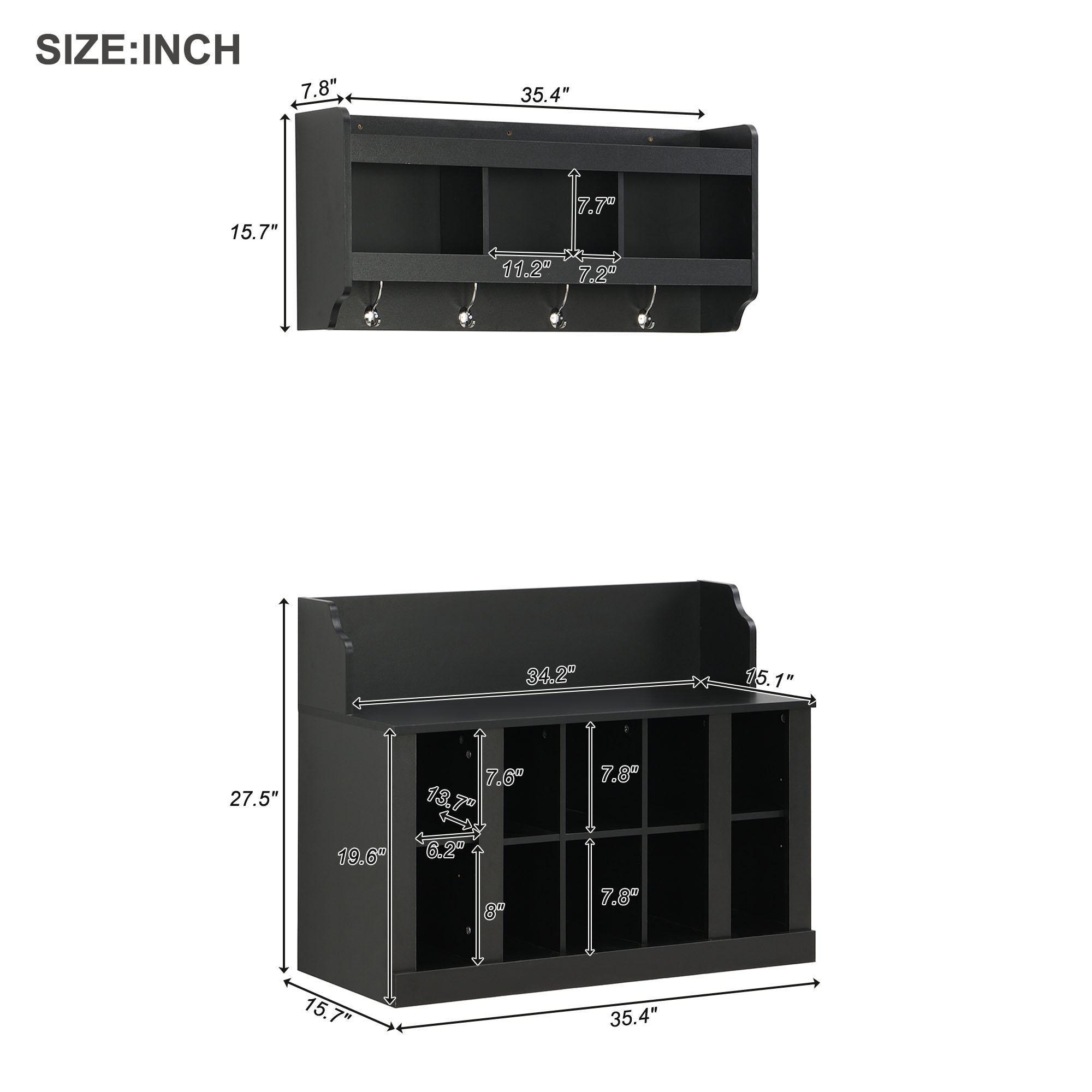 Shoe Cabinet Storage with Shelves and 4 Hooks, Elegant Hall Tree with Wall Mounted Coat Rack, Entryway Organizer for Hallway, Mudroom, Black