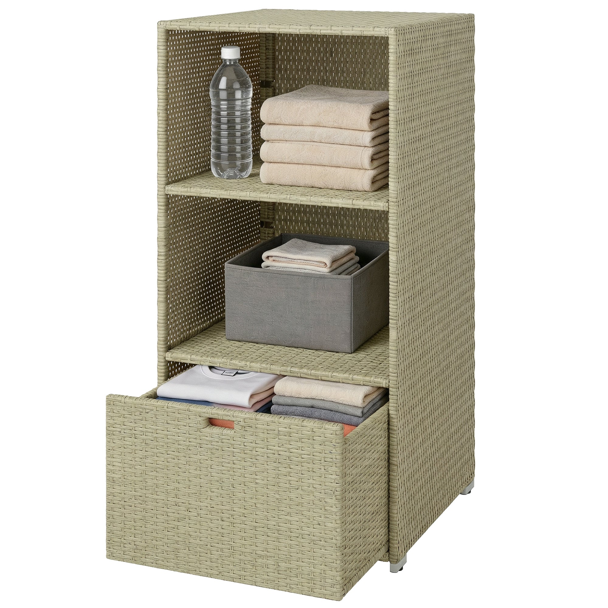 Valet Pool Towel Rack, Water-Resistant PE Plastic Rattan Wicker Storage Organizer, 2 Shelves, 1 Basket Drawer