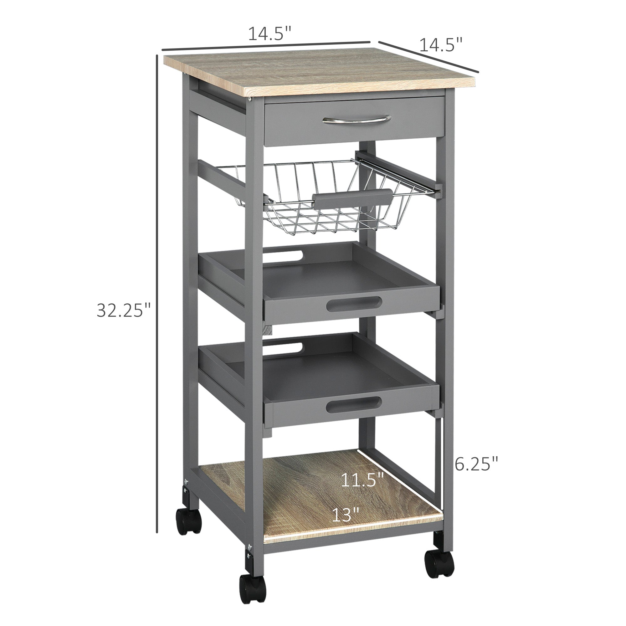 Mobile Kitchen Cart, Rolling Kitchen Island with Storage, Utility Cart with Wire Fruit Baskets, Trays and Drawer, Gray