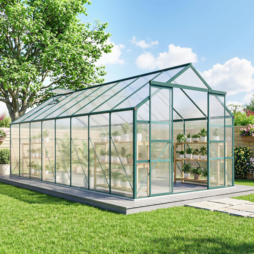 16' x 8' Aluminum Greenhouse Polycarbonate Walk-in Garden Greenhouse Kit with Adjustable Roof Vent, Rain Gutter and Sliding Door for Winter, Clear