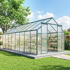 16' x 8' Aluminum Greenhouse Polycarbonate Walk-in Garden Greenhouse Kit with Adjustable Roof Vent, Rain Gutter and Sliding Door for Winter, Clear